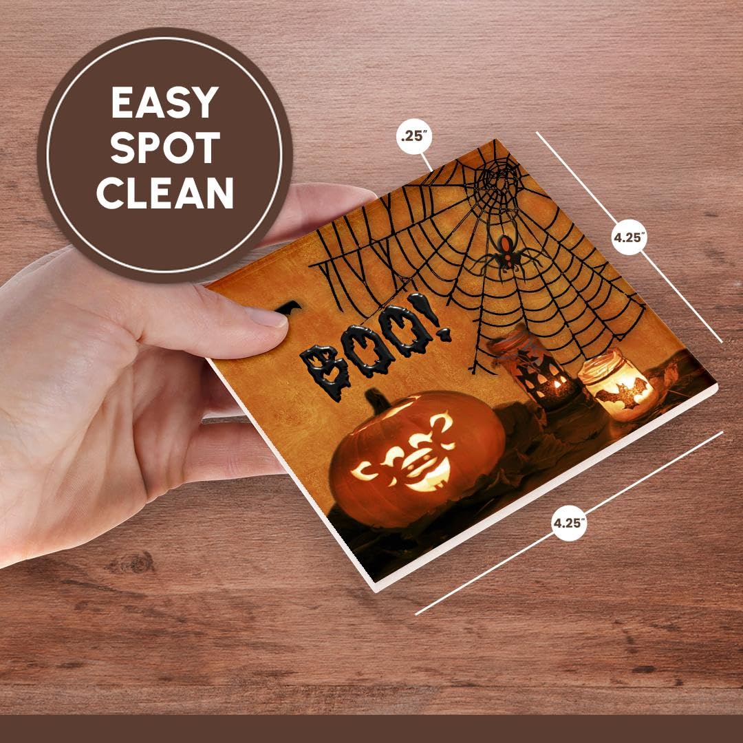 Boo Jack-O-Lantern Halloween Ceramic Tile Coasters Set of 8 - Spooky Bats & Spiders Design - Perfect for Halloween Party Decor, Home Bar & Kitchen Use
