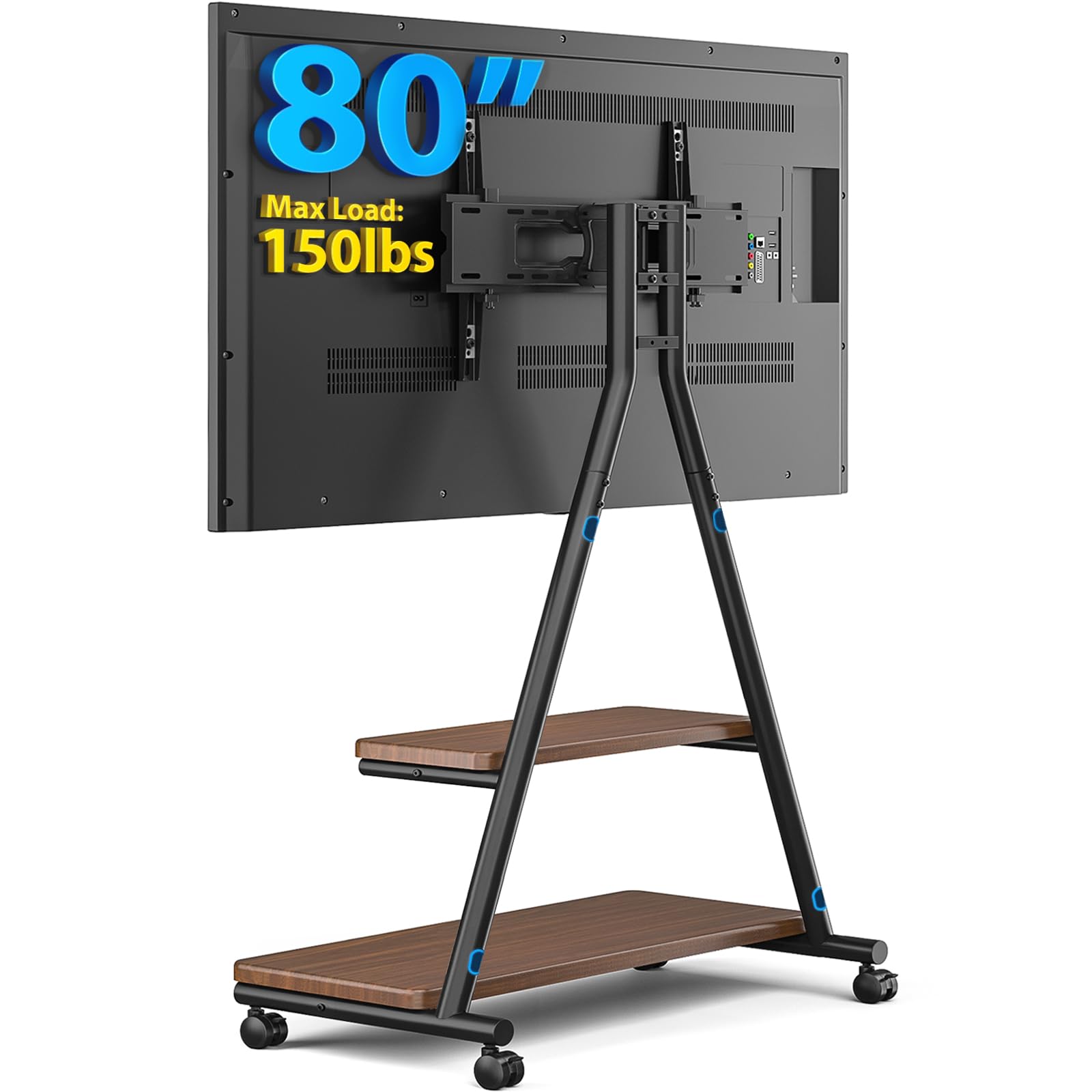 Heavy Duty Rolling TV Stand for 43-80 Inch TVs up to 150lbs - Mobile TV Cart with Wheels, Dual Storage Shelves & Tilt/Swivel Adjustment - Perfect for Living Room, Bedroom, Outdoor & Commercial Use