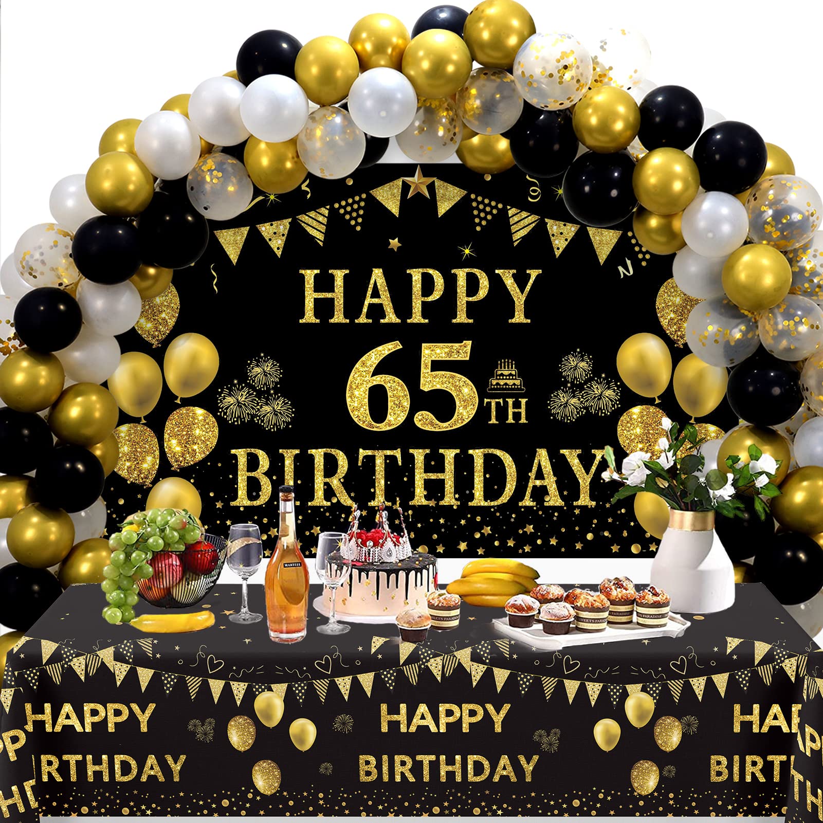 Black & Gold Happy 65th Birthday Party Decorations Set - Backdrop Banner, Tablecloth & 60 Latex Confetti Balloons for Men & Women | 65th Birthday Party Supplies & Gift Ideas | Perfect for Milestone Celebrations, Retirement Parties & Anniversary Decor