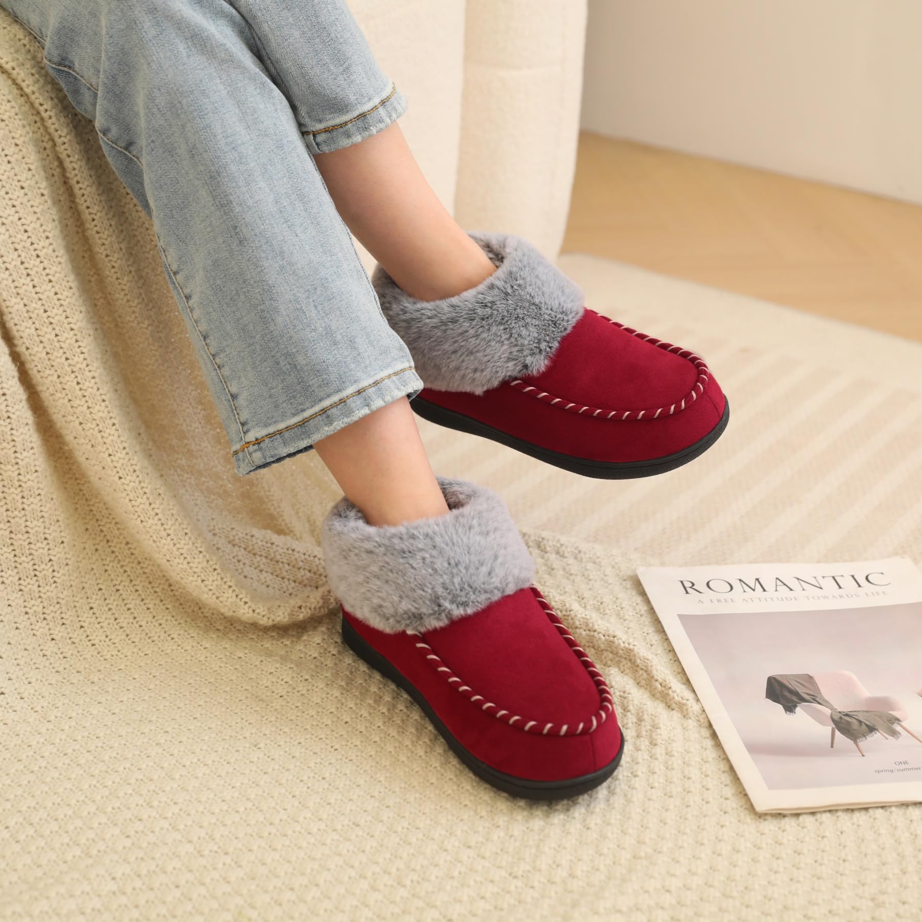 VONMAY Women's Fuzzy Plush Bootie Slippers - Suede Moccasin House Shoes with Memory Foam & Non-Slip Sole for Winter Warmth - Indoor/Outdoor Wear for Home, Office & Travel