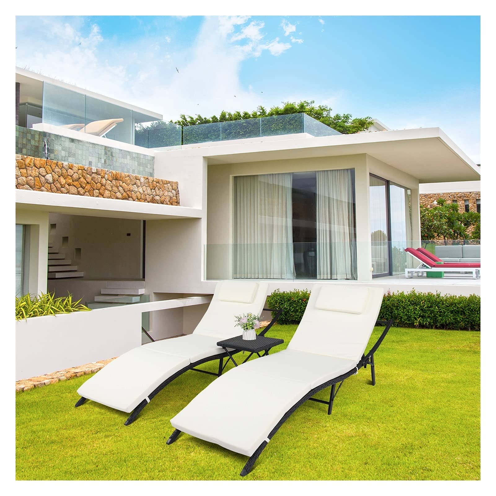 3-Piece Outdoor Folding Chaise Lounge Set with Side Table - Adjustable Backrest PE Rattan Wicker Pool Patio Sun Lounger Chairs (Black) - Perfect for Backyard, Garden, and Poolside Relaxation