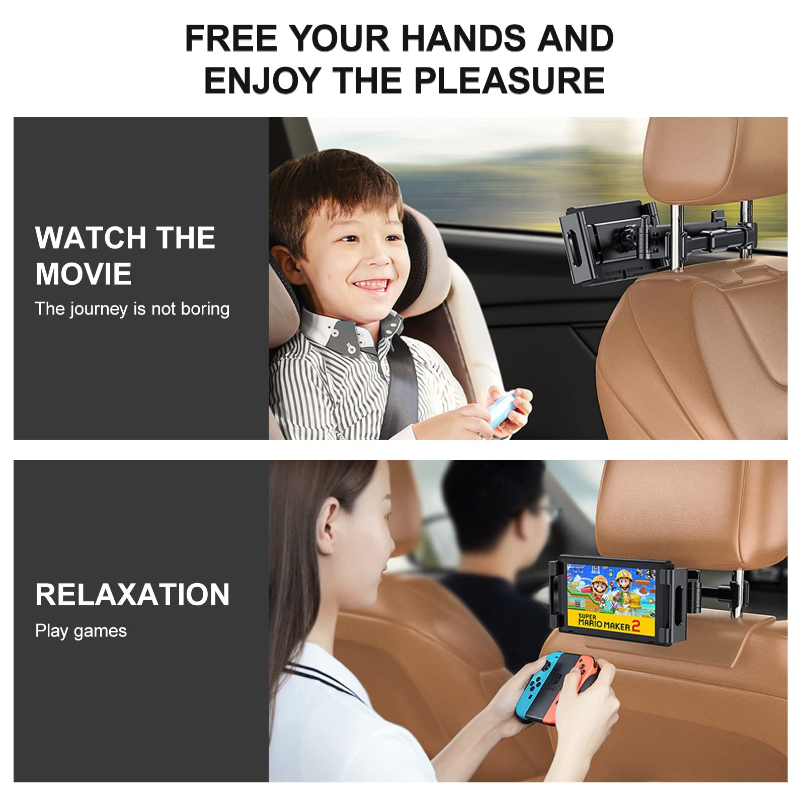 Car Tablet Holder for iPad - Adjustable Stand for Back Seat with 360° Rotation, Fits 4-12.9