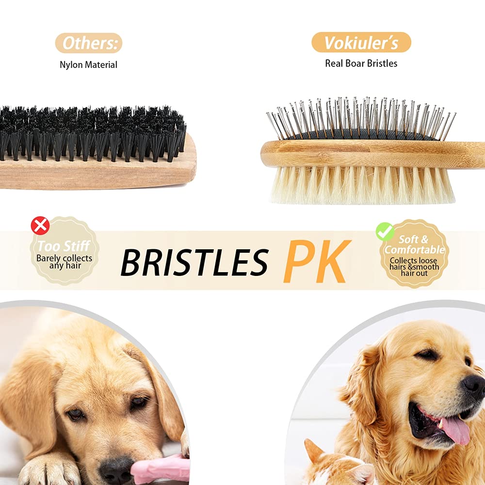 Double Sided Dog & Cat Brush - Boar Bristle & Pin Pet Grooming Brush for Shedding Control - Bamboo Handle for Long & Short Hair - 4 Pack Dog Comb Set (Black & Yellow) - Perfect for Daily Pet Grooming & Hair Removal at Home