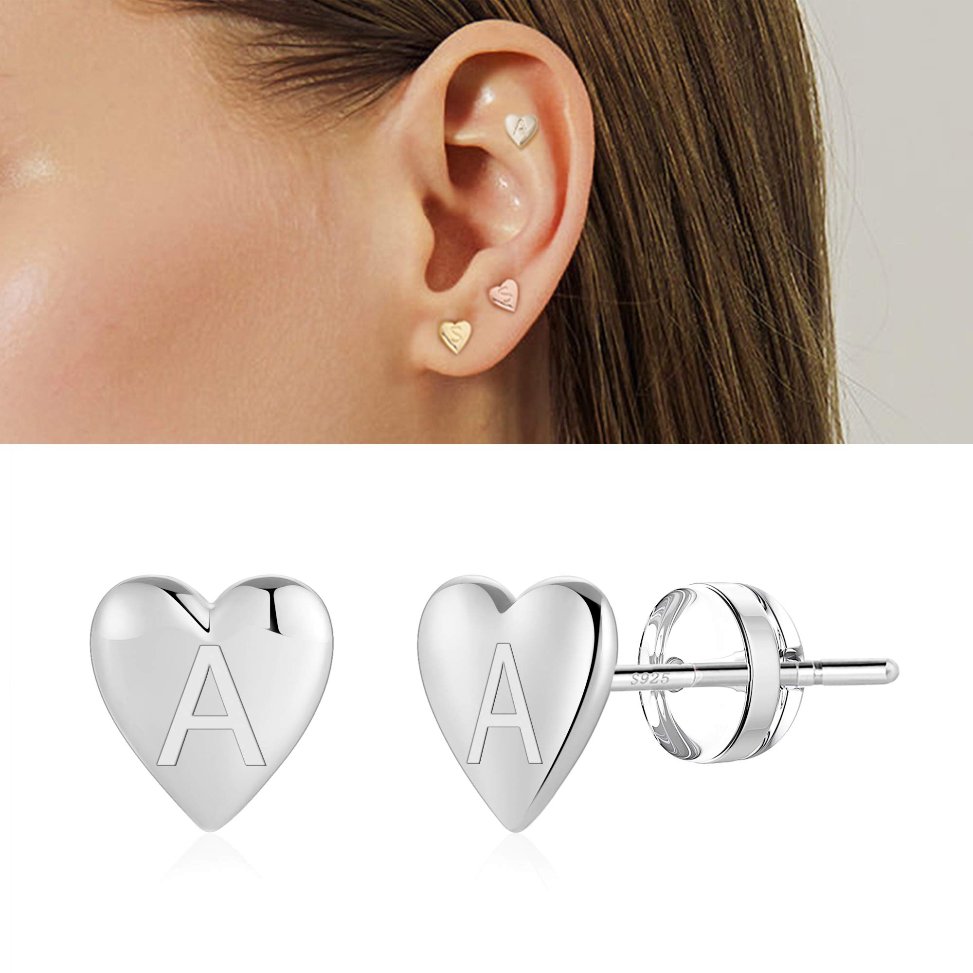 Heart Initial Stud Earrings for Women & Girls - 14K Gold Plated S925 Sterling Silver Hypoallergenic Dainty Letter Jewelry | Perfect for Everyday Wear, Gifts & Sensitive Ears