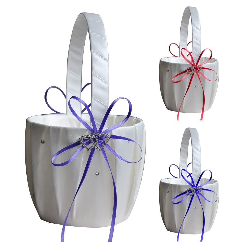 LAPUTA Elegant White Wedding Flower Girl Basket - Double Heart Rhinestone Satin Ribbon Bowknot Decorative Basket for Brides (5.12