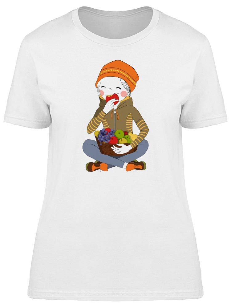 Smartprints Cute Child Eating Fruit Graphic T-Shirt for Women - Soft Cotton White Tee - Perfect for Casual Wear, Mom & Daughter Matching Outfits, and Family Photos