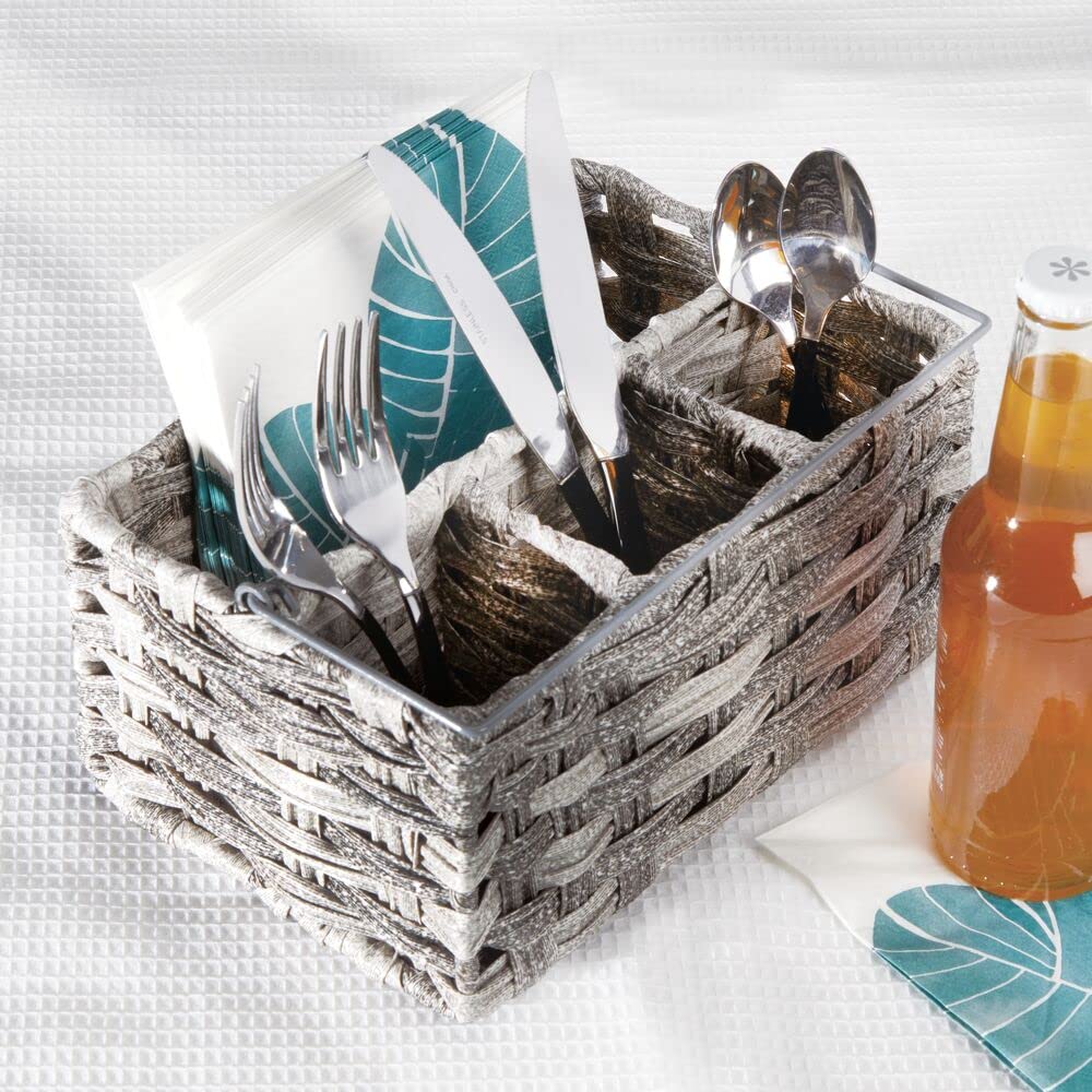 mDesign Plastic Woven Divided Cutlery Storage Organizer - Kitchen Utensil Caddy for Silverware, Forks, Knives, Spoons & Napkins - Gray - Perfect for Kitchen Table, Cabinet & Pantry Organization