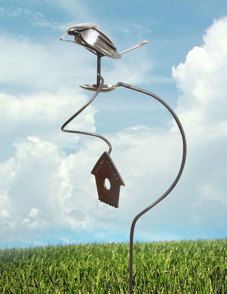 American Made Flatware Finch Balancing Garden Stake - Upcycled Utensil Sculpture for Outdoor Decor and Bird Watching