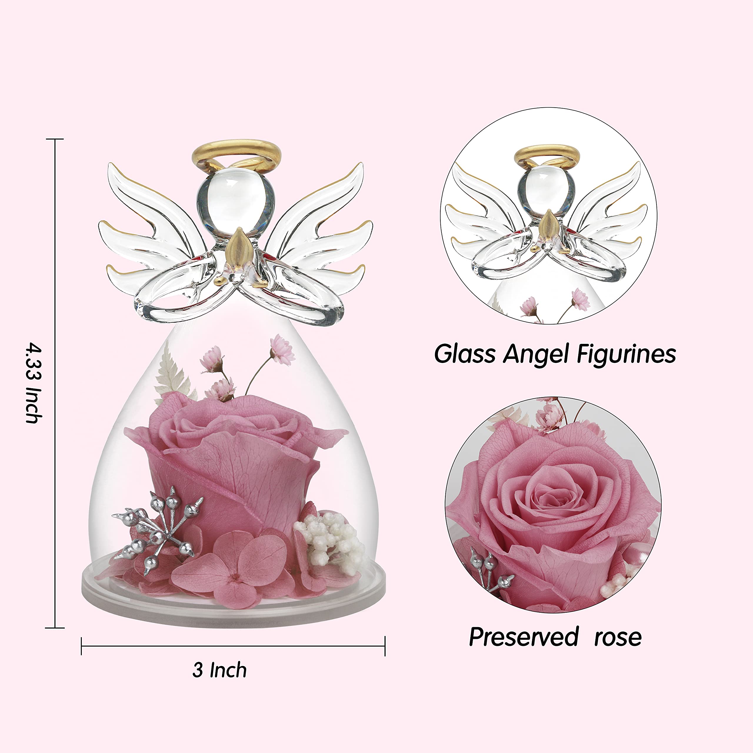 Preserved Rose in Glass Angel Figurine - Pink Flower Gift for Mom, Grandma, Wife, Sister - Perfect for Mother's Day, Birthday, Anniversary, and Home Decor