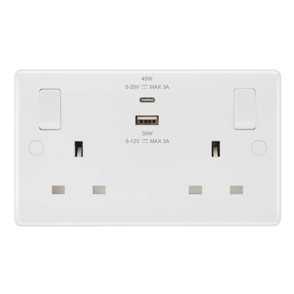BG White Moulded Double A+C USB Wall Outlet Socket 822UAC45 - Fast Charging for Smartphones, Tablets & Devices in Home, Office & Hotel Rooms