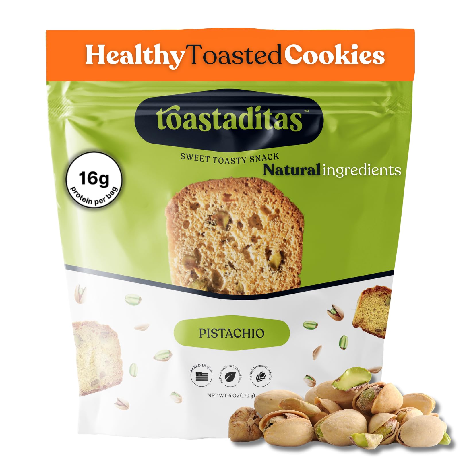 Toastaditas Pistachio Toasted Cookies - Natural Ingredients, No Artificial Flavors | Healthy Snack for Kids & Adults | Perfect with Coffee or Tea | 6 oz Pack | Great for Office, Travel & Gift Giving
