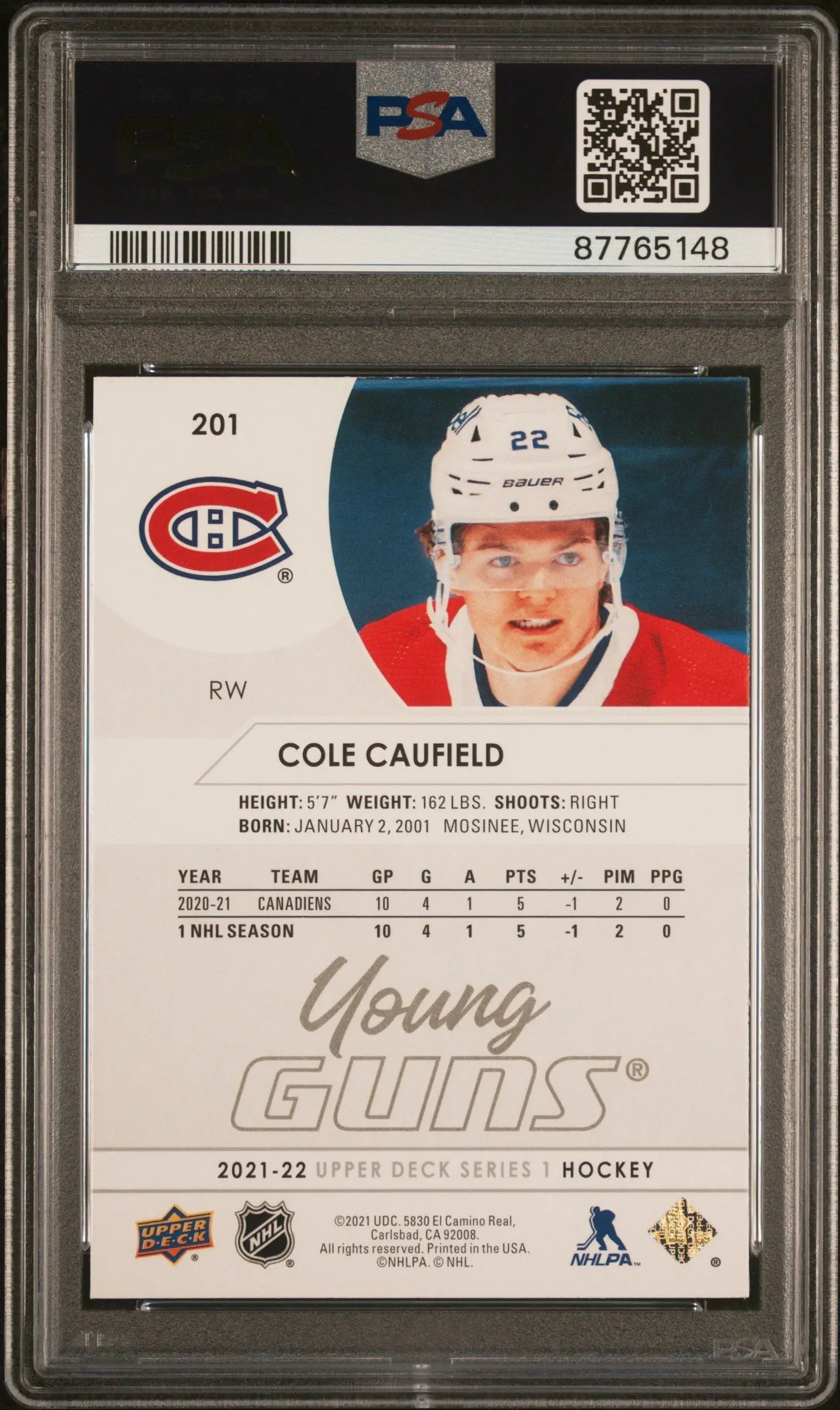 2021-2022 Upper Deck Series 1 Cole Caufield Young Guns Rookie Card PSA 10 Gem Mint - Perfect for Hockey Card Collectors & Montreal Canadiens Fans