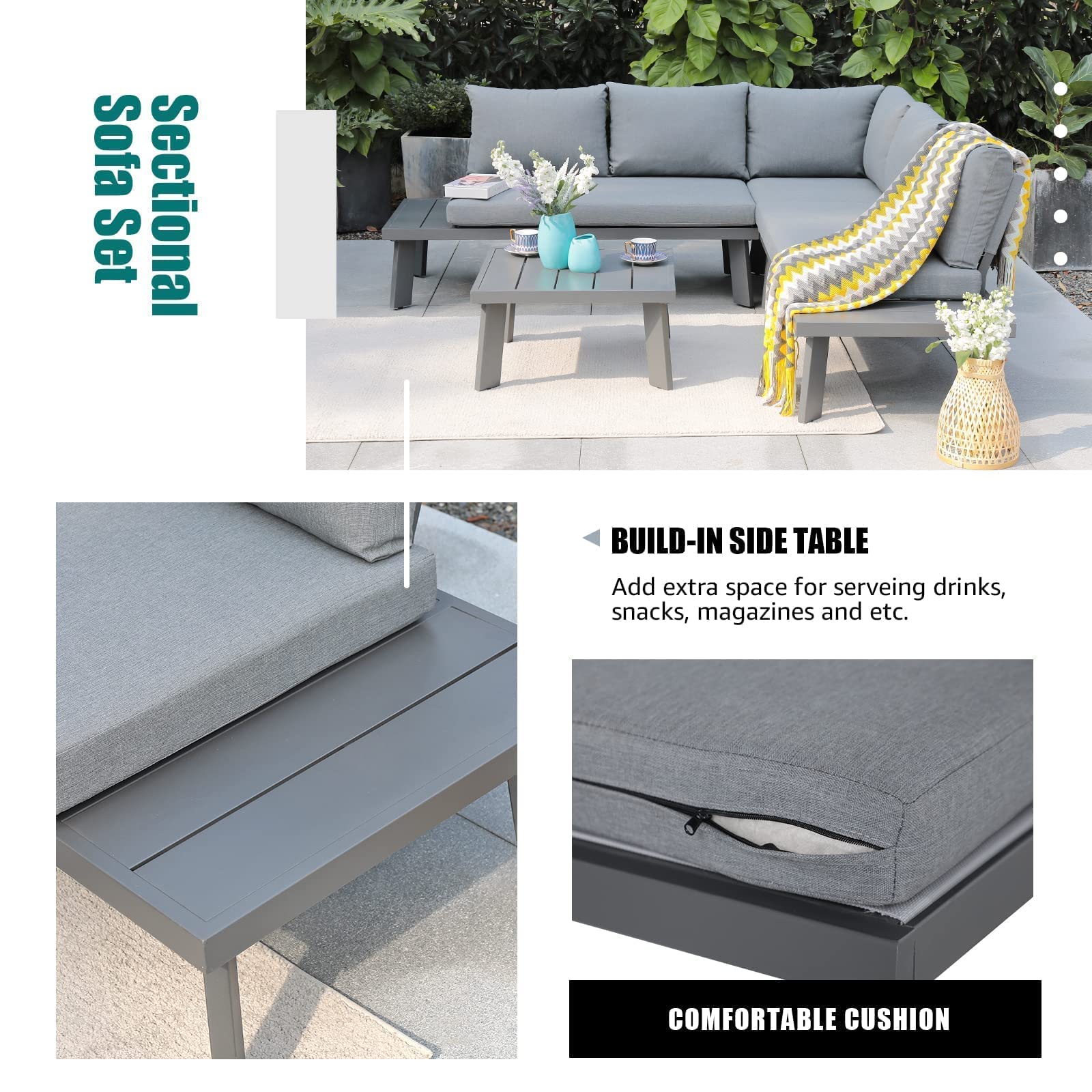 Soleil Jardin 4-Piece Outdoor Patio Furniture Set - L-Shaped Aluminum Sectional Sofa with Coffee Table, All-Weather Wicker Conversation Set with Cushions (Dark Grey) for Backyard, Garden, Poolside & Patio Relaxation
