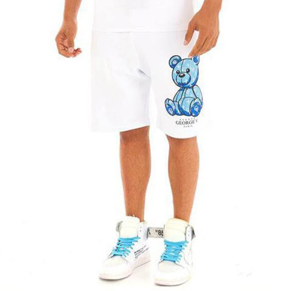 George V Men's Crystal Teddy Shorts - White & Baby Blue | Comfortable Lounge & Sleepwear for Men | Perfect for Home Relaxation, Vacation & Summer Outfits