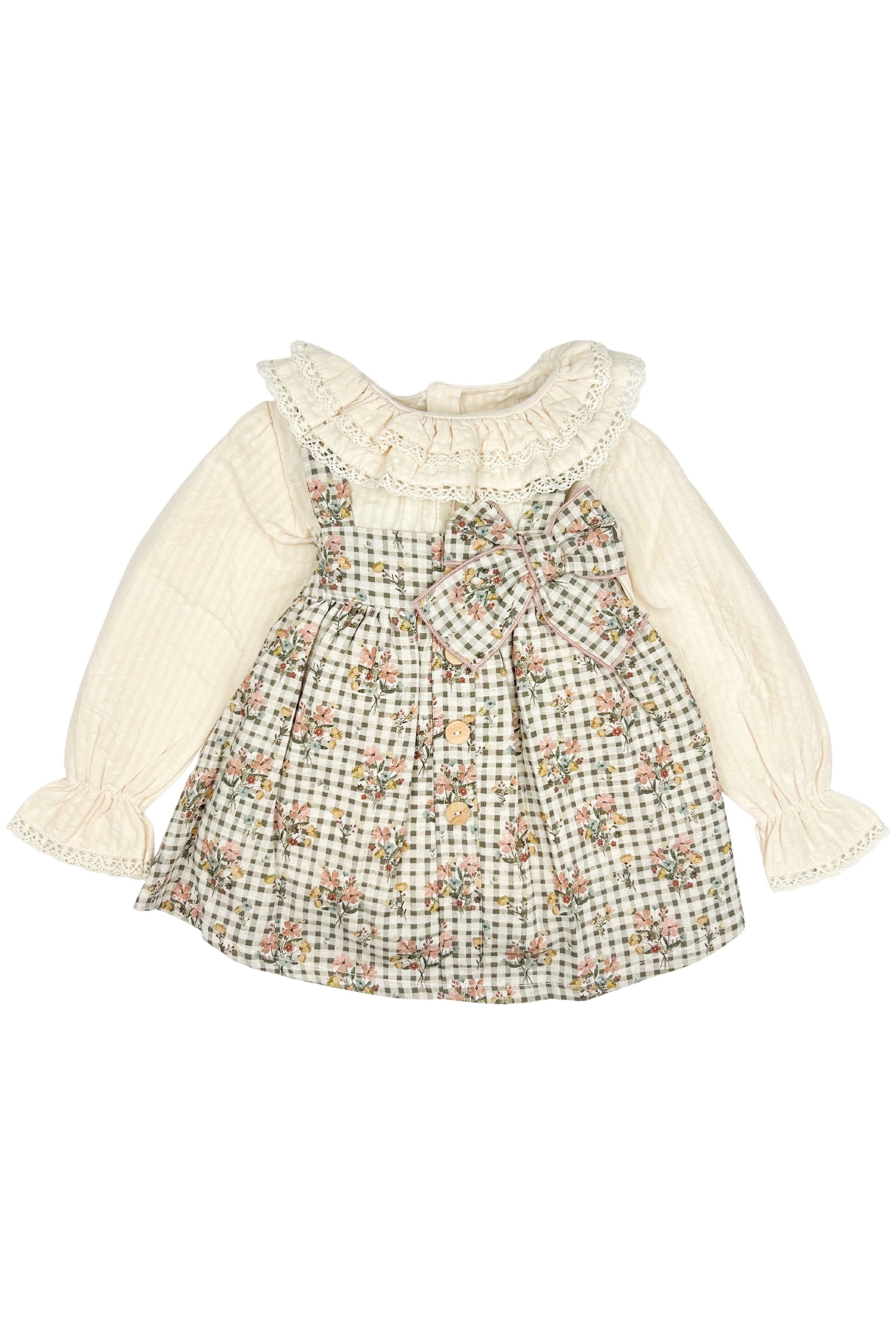 Tessa Blouse & Brown Gingham Pinafore Dress Set - Vintage Style Women's Outfit for Tea Parties, Brunch Dates & Photoshoots