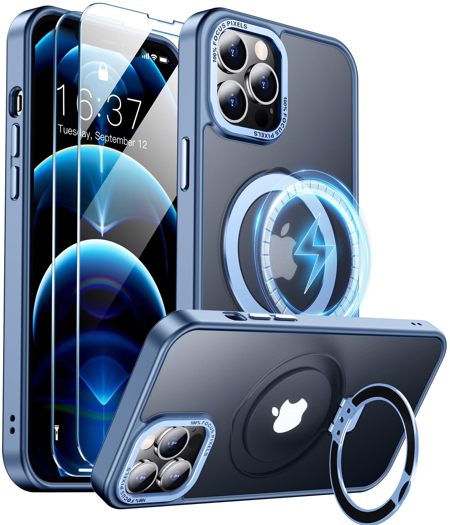 Magnetic iPhone 12 Pro Max Case with Invisible Stand - MagSafe Compatible, Shockproof Translucent Matte Cover (6.7 inch) + 2 Pack Tempered Glass Screen Protectors - Perfect for Work, Travel & Wireless Charging - Blue