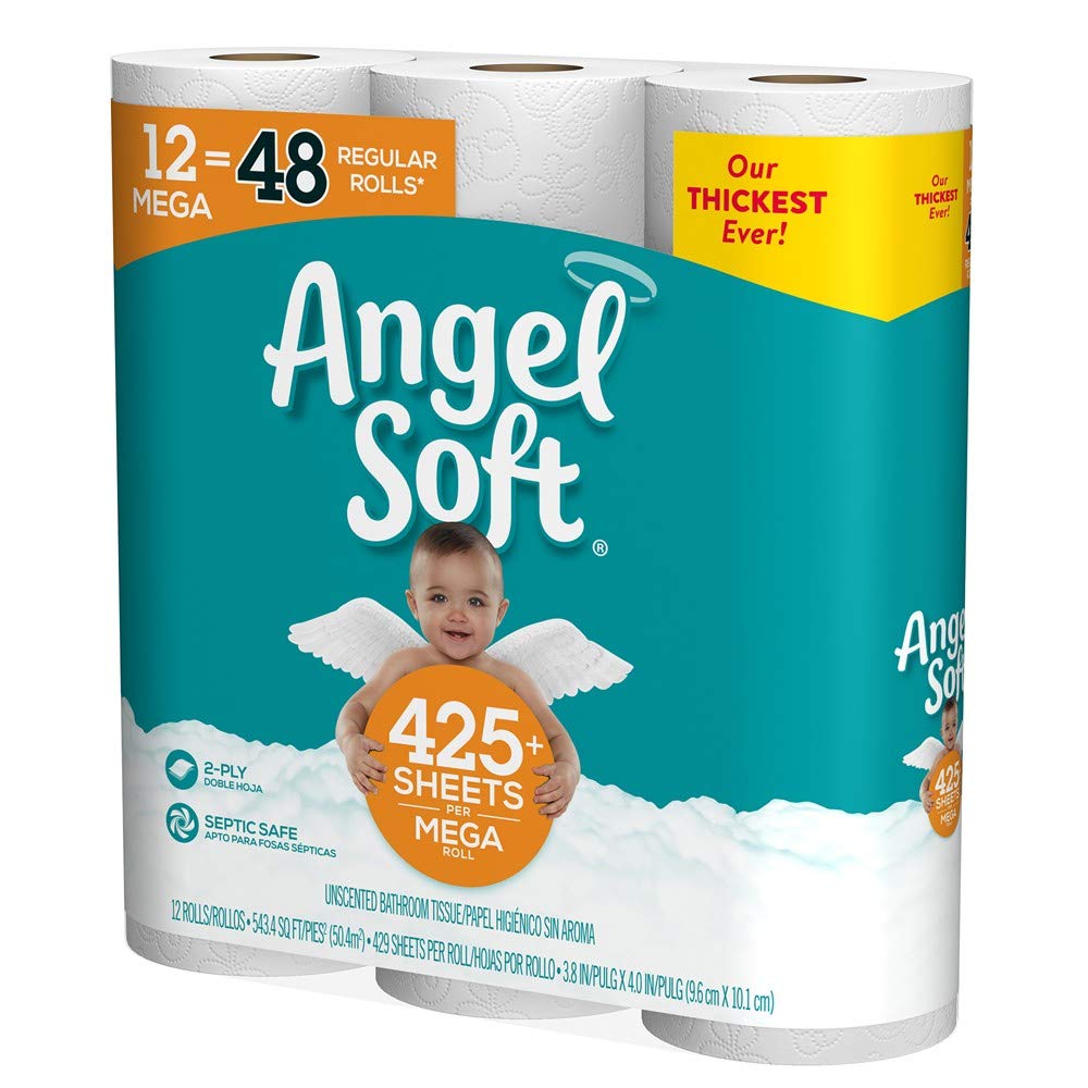 Angel Soft Toilet Paper - 12 Mega Rolls (Equivalent to 24 Regular Rolls) | Ultra Soft & Strong Bath Tissue for Home, Office & Travel Use