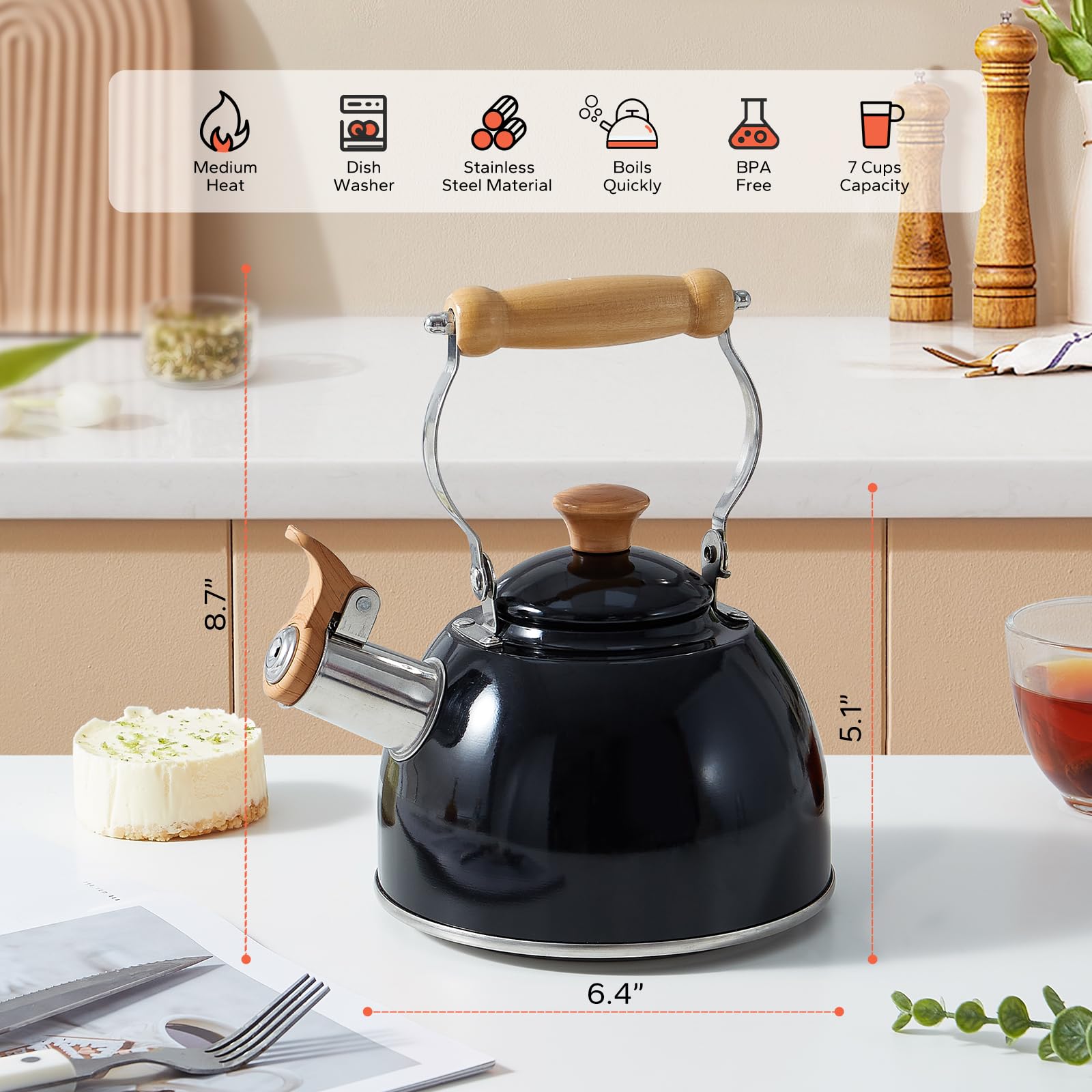 ROCKURWOK 1.6 Quart Stainless Steel Whistling Tea Kettle - Cool Touch Ergonomic Handle, Stovetop Safe, Food Grade Material (Black) - Perfect for Home, Office & Camping Tea Brewing