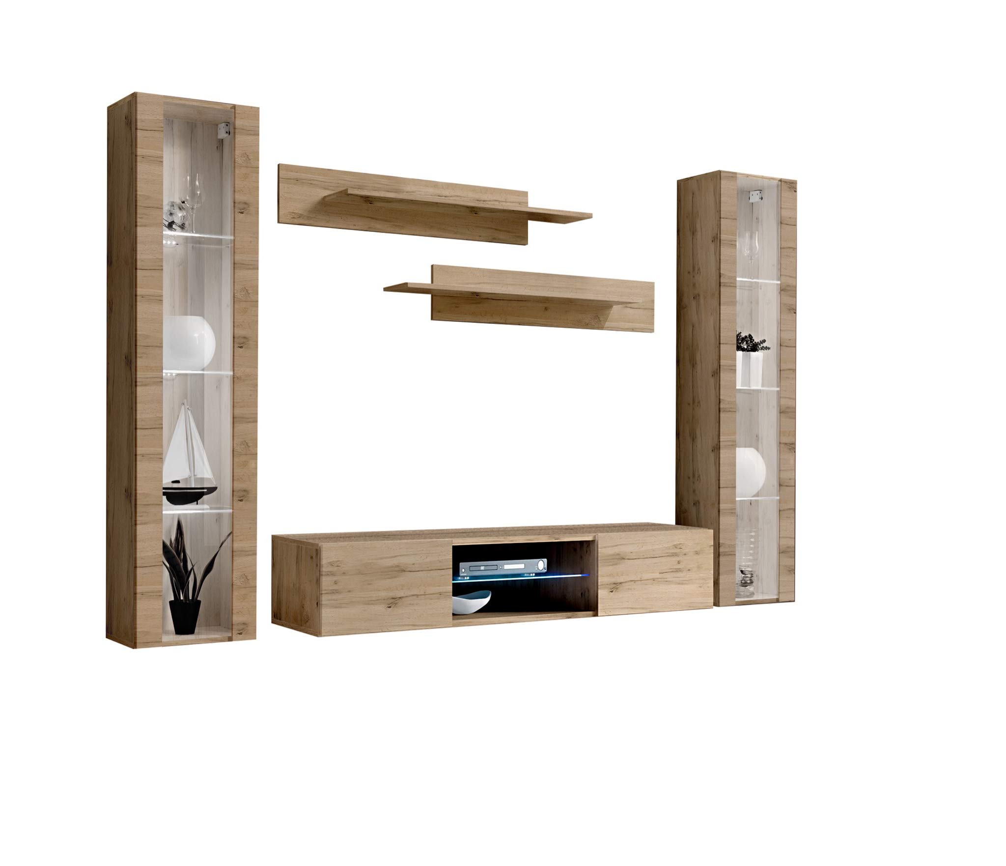 Modern Oak Wall-Mounted TV Stand with Storage Shelves & LED Lights - Floating Entertainment Center Console for Living Room & Bedroom - Space-Saving Furniture for Small Apartments & Home Theater Setup