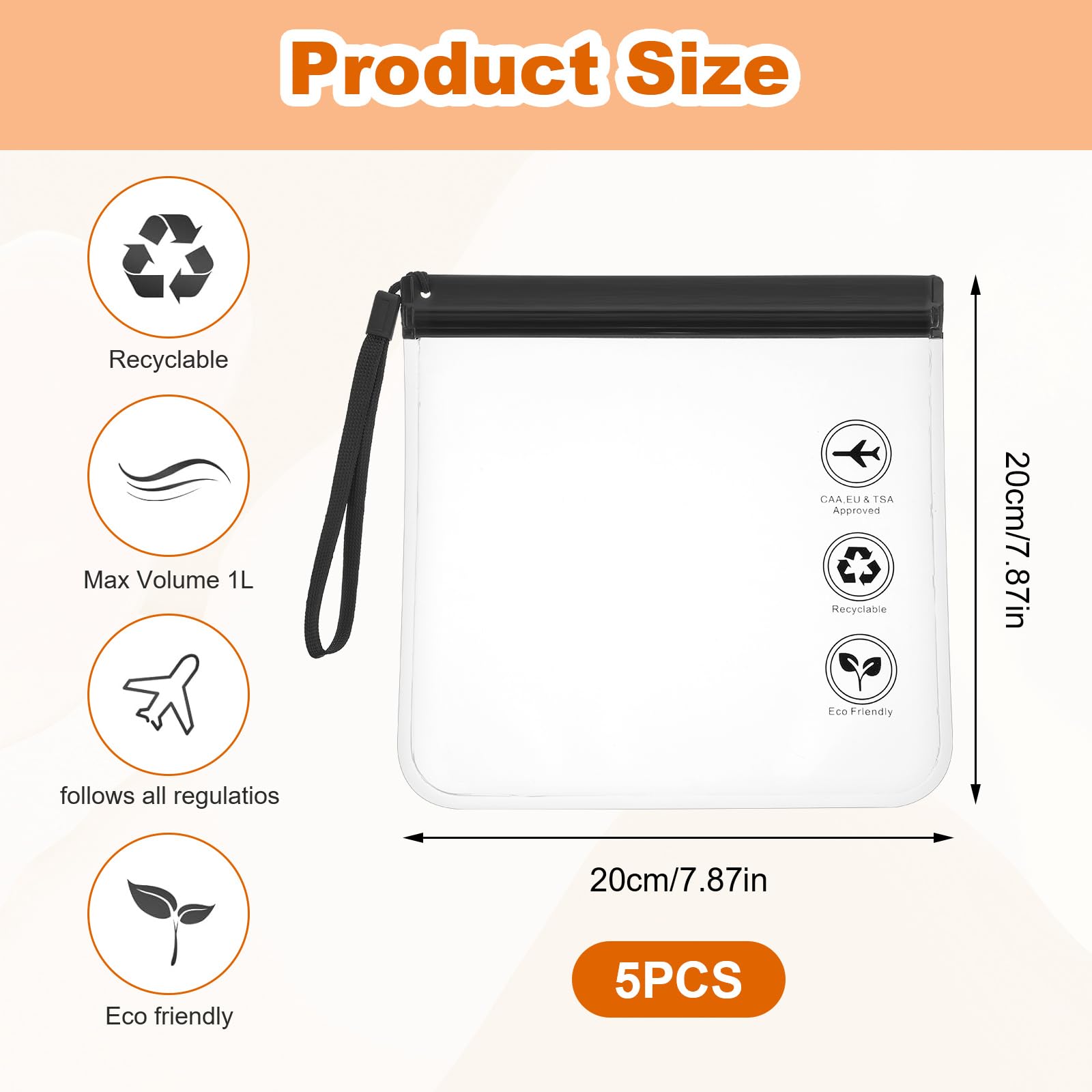 5-Pack TSA Approved Clear Toiletry Bags for Travel - 7.9 x 7.9 Inch Reusable Quart Size Plastic Bags for Liquids, Cosmetics & Airport Security (Perfect for Carry-On Essentials & Travel Organization)