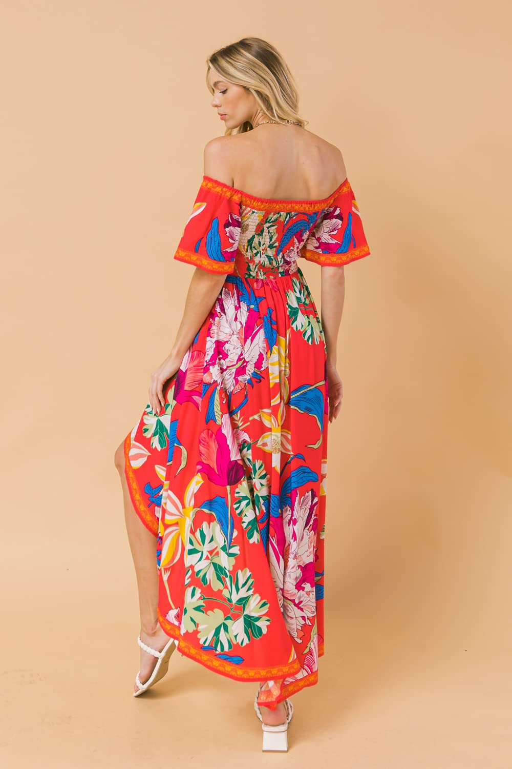 Bohemian Off Shoulder Maxi Dress - Tropical Floral Smocked Hi-Low Hem Summer Dress for Beach Vacation, Party & Casual Wear