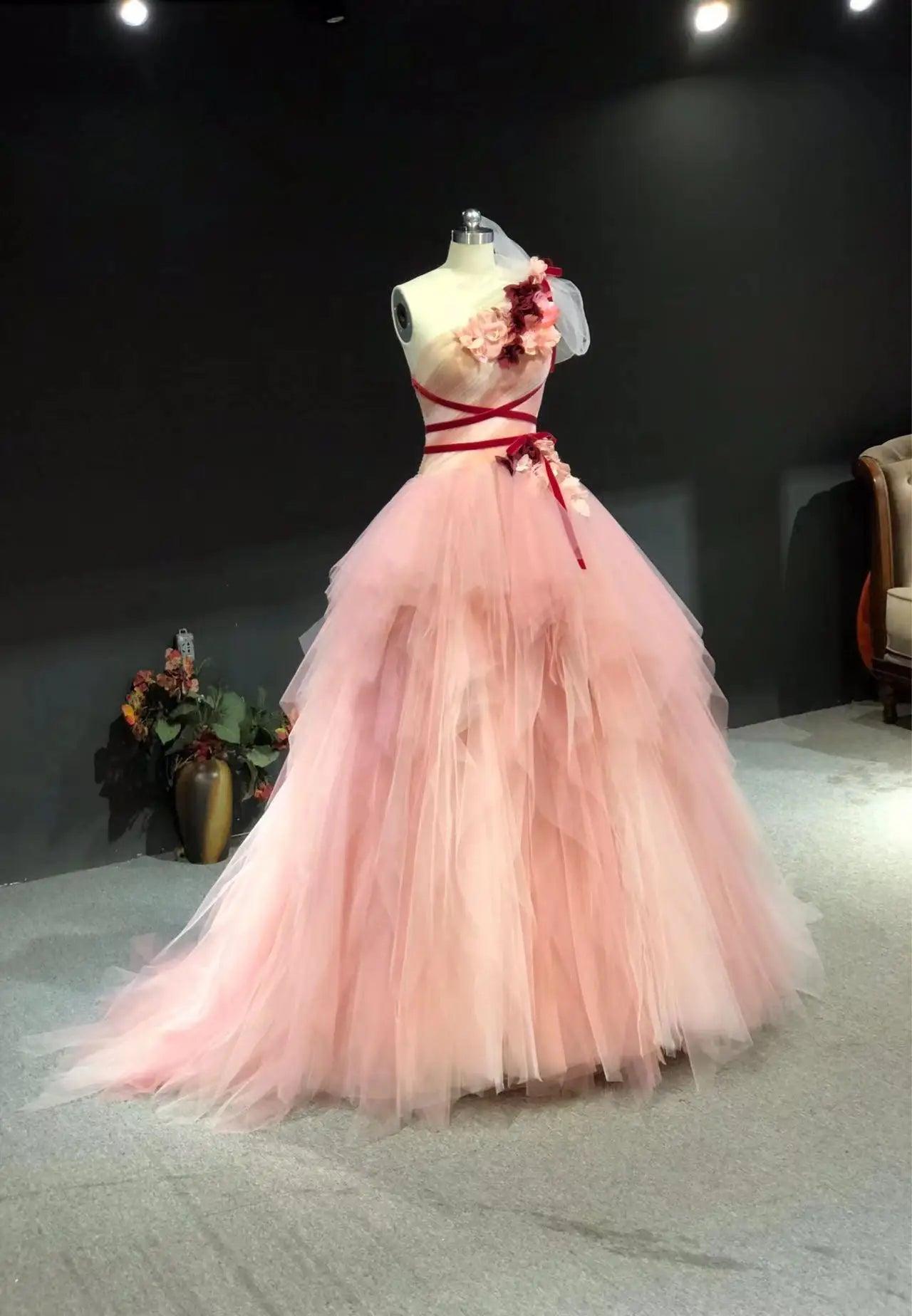 Elegant Pink One Shoulder Evening Gown - Custom Made Floor Length Dress with Handmade Floral Details | High Quality Formal Wear for Prom, Wedding, and Special Occasions