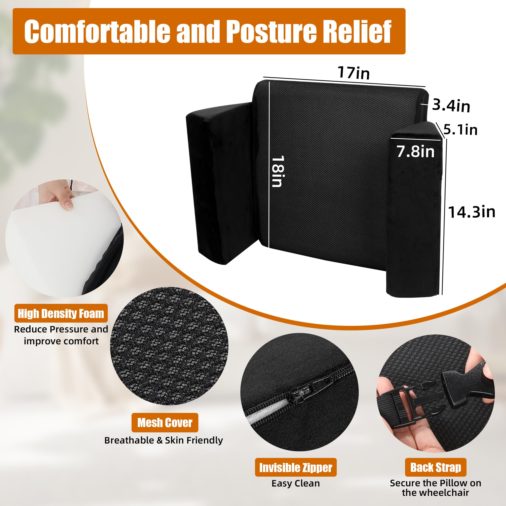 HOMBYS Lateral Support Wheelchair Cushion - Adjustable High Density Foam Back Support with Side Bolsters - Lumbar Pillow for Low Back Pain Relief - Ideal for Office Chairs, Wheelchairs & Home Use