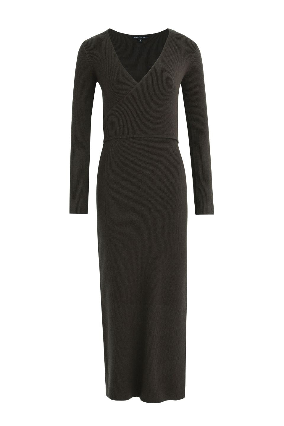 Dark Khaki Wrap Rib Knit Maxi Dress for Women - Elegant Long Sleeve Flowy Dress for Fall & Winter, Perfect for Parties, Weddings & Office Wear