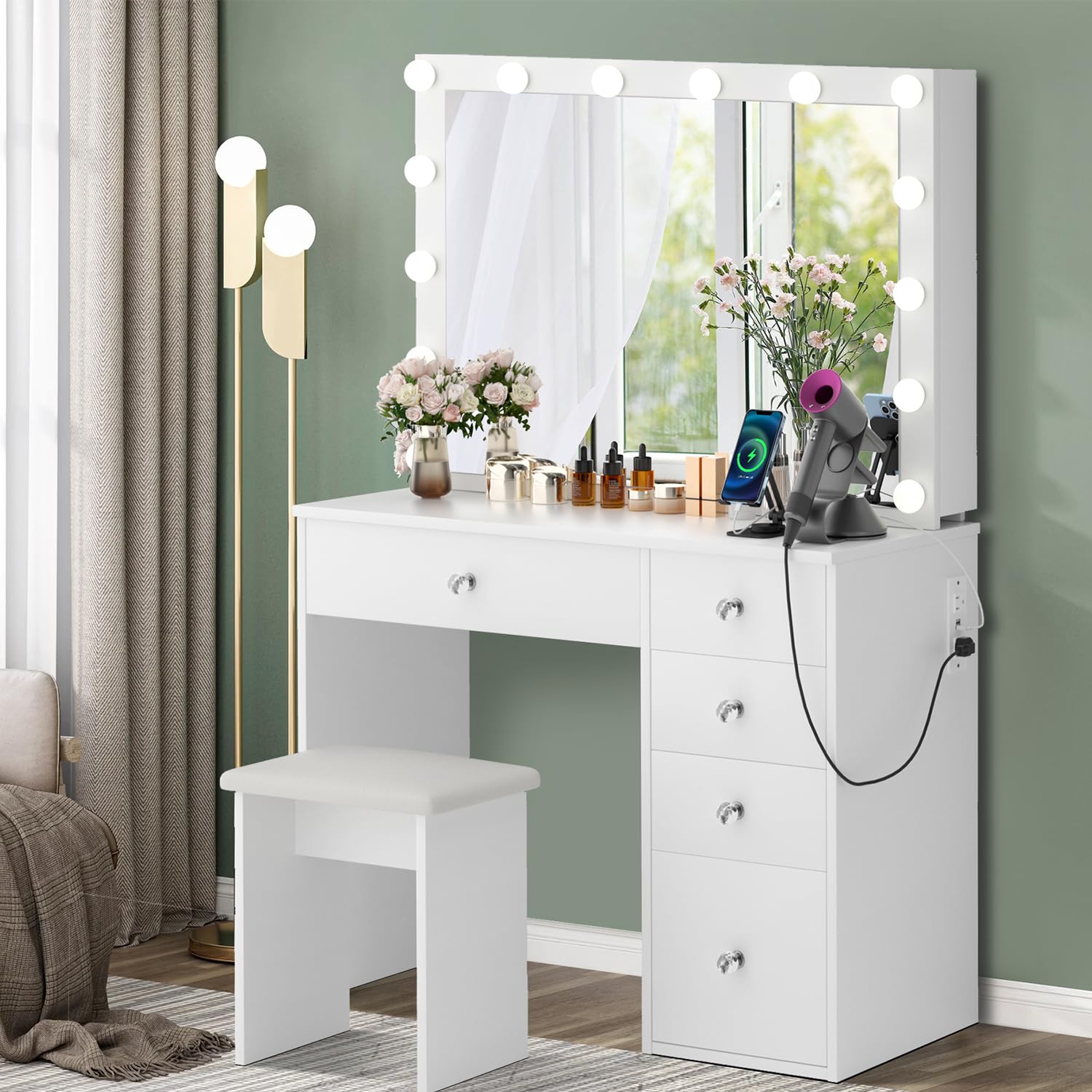 SMOOL Vanity Desk with LED Lights Mirror, Power Outlet & Stool - Adjustable Brightness Makeup Dressing Table with Sliding Drawers, Space Saving Beauty Station for Women & Girls (White) | Perfect for Bedroom, Dorm Room & Home Salon Setup