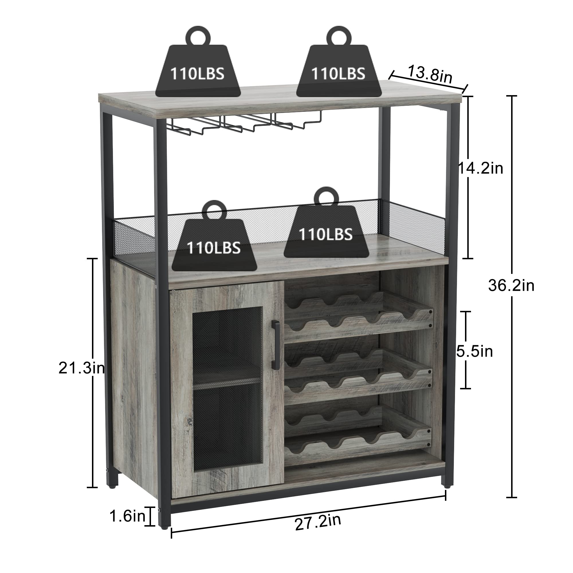GAOMON Modern Wine Bar Cabinet with Detachable Wine Rack & Glass Holder - Grey Buffet Sideboard with Mesh Door for Dining Room, Kitchen, or Living Room Storage