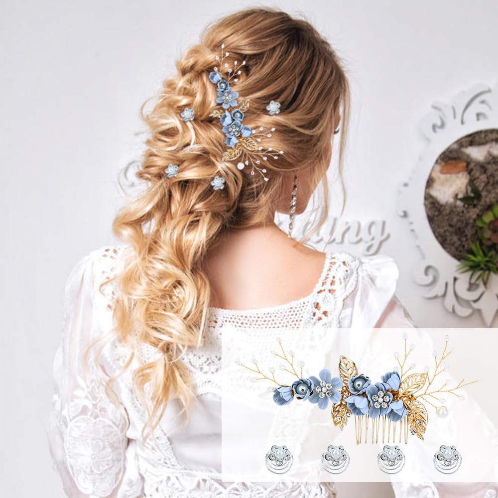 18-Piece Bridal Hair Accessories Set - Pearl Rhinestone Light Blue Flower Side Combs, U-Shaped Pins & Spiral Hairpins for Weddings, Prom, Parties | Perfect for Brides, Bridesmaids & Women