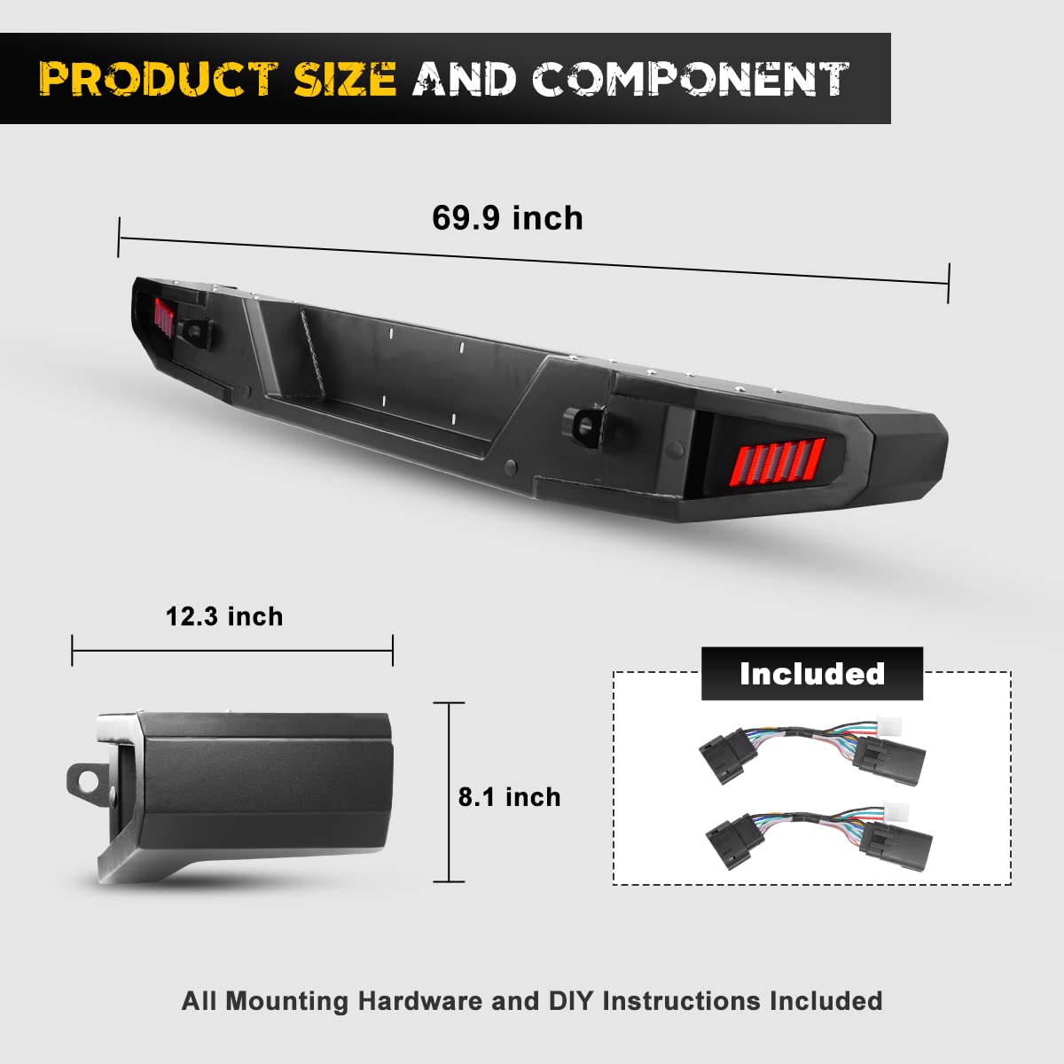 HAWKLEY Offroad Rock Crawler Full Width Rear Bumper with 2X LED Lights for Jeep Wrangler JL & JLU Unlimited (2018-2023) - Fits 2/4 Door Rubicon Sahara Sport Models - Heavy Duty Protection for Off-Roading & Trail Adventures