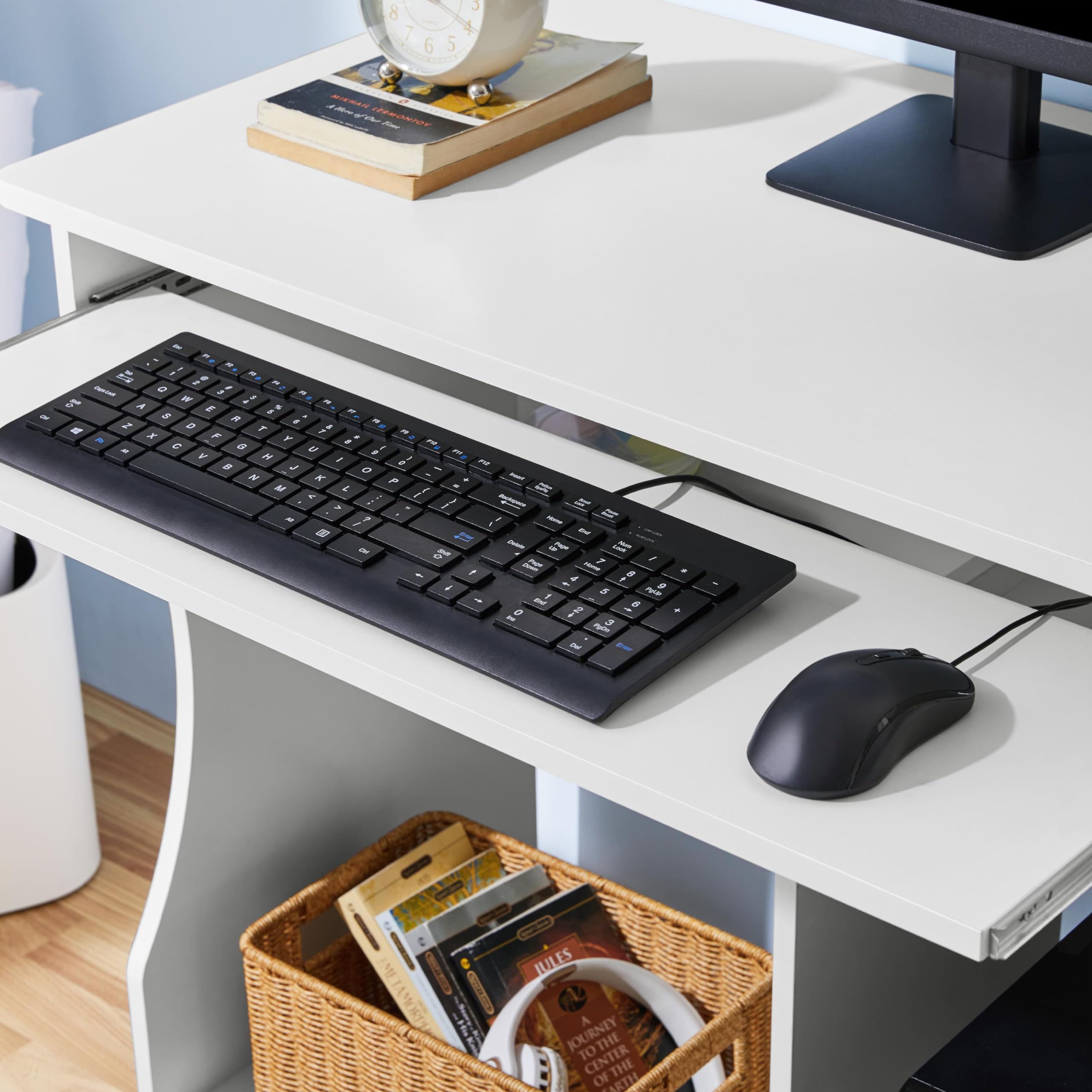 Yaheetech Adjustable Height Mobile Computer Desk with Keyboard Tray & 2 Shelves - 80.1 x 48.1 x 76.2 cm White Rolling Workstation for Home Office, Study, Gaming & Small Spaces - Easy to Move & Space Saving Design