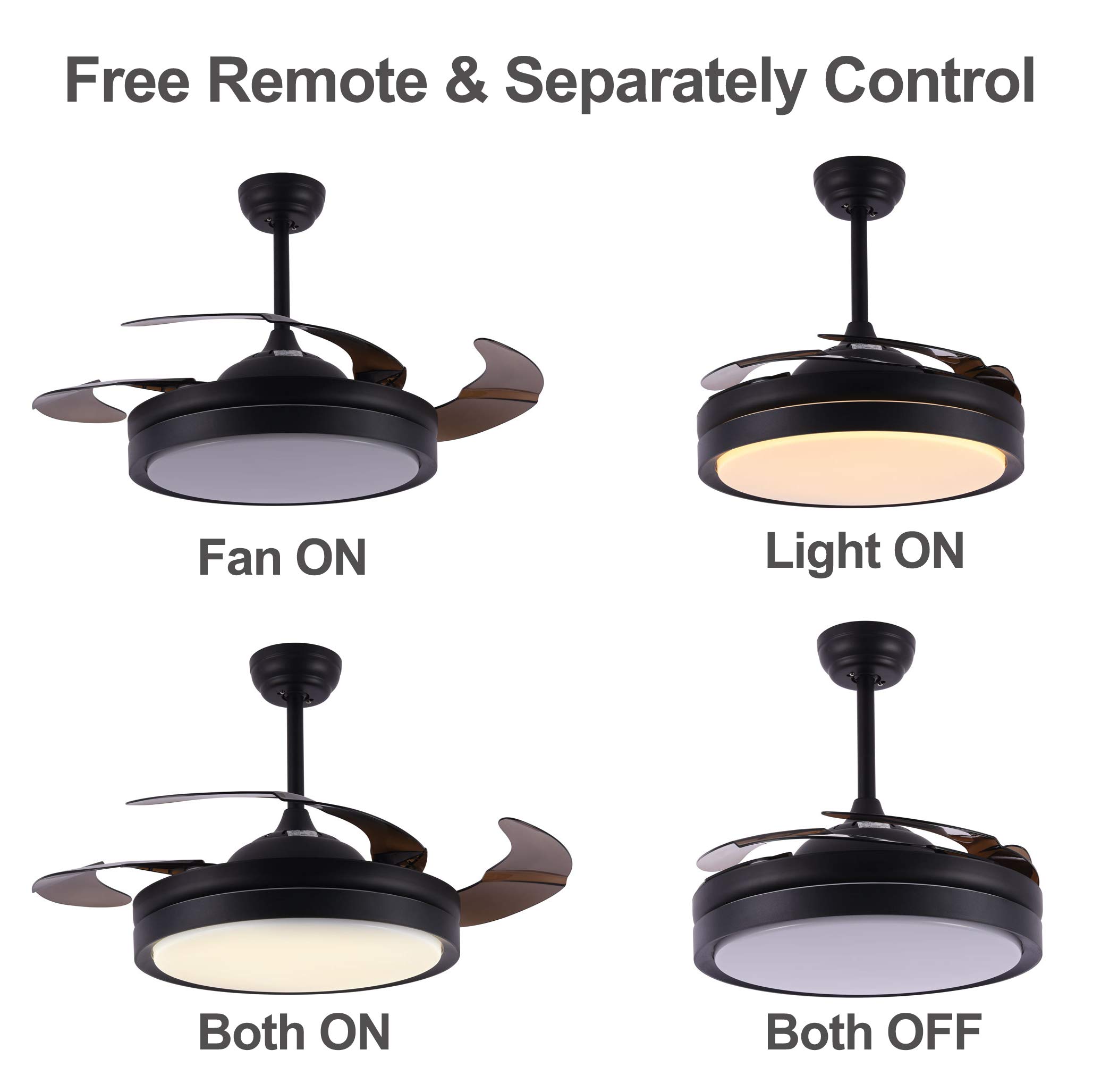 Retractable Ceiling Fan with Light & Remote Control - Modern 3-Speed Dimmable Ceiling Fan with Retractable Blades for Bedroom, Living Room, Dining Room | Energy Efficient Home Cooling Solution