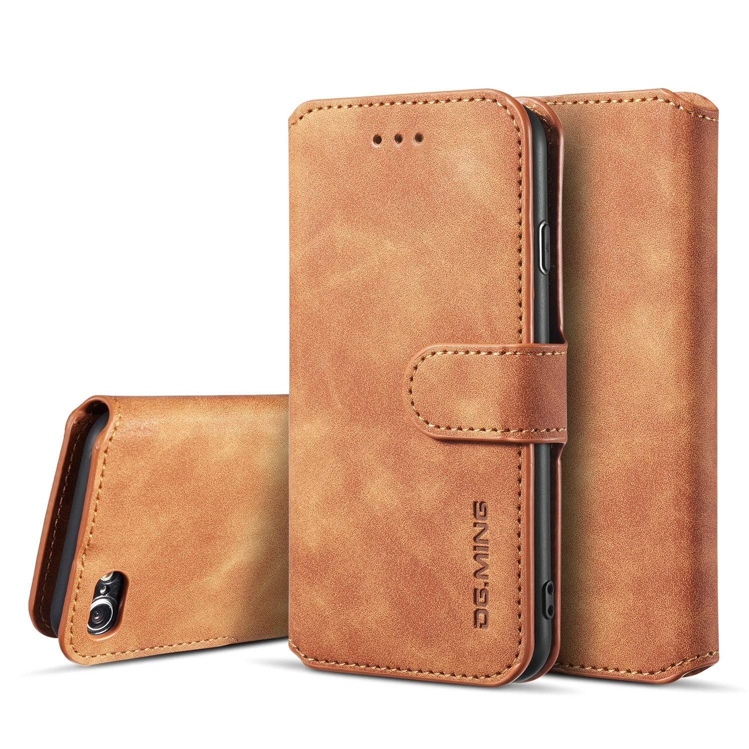 UEEBAI Luxury PU Leather Vintage Wallet Case for iPhone SE 2022 5G/iPhone 7/iPhone 8/iPhone SE 2020/SE3/SE2 - Shockproof Flip Cover with Card Slots & Magnetic Stand (Brown) - Perfect for Business, Travel & Everyday Protection