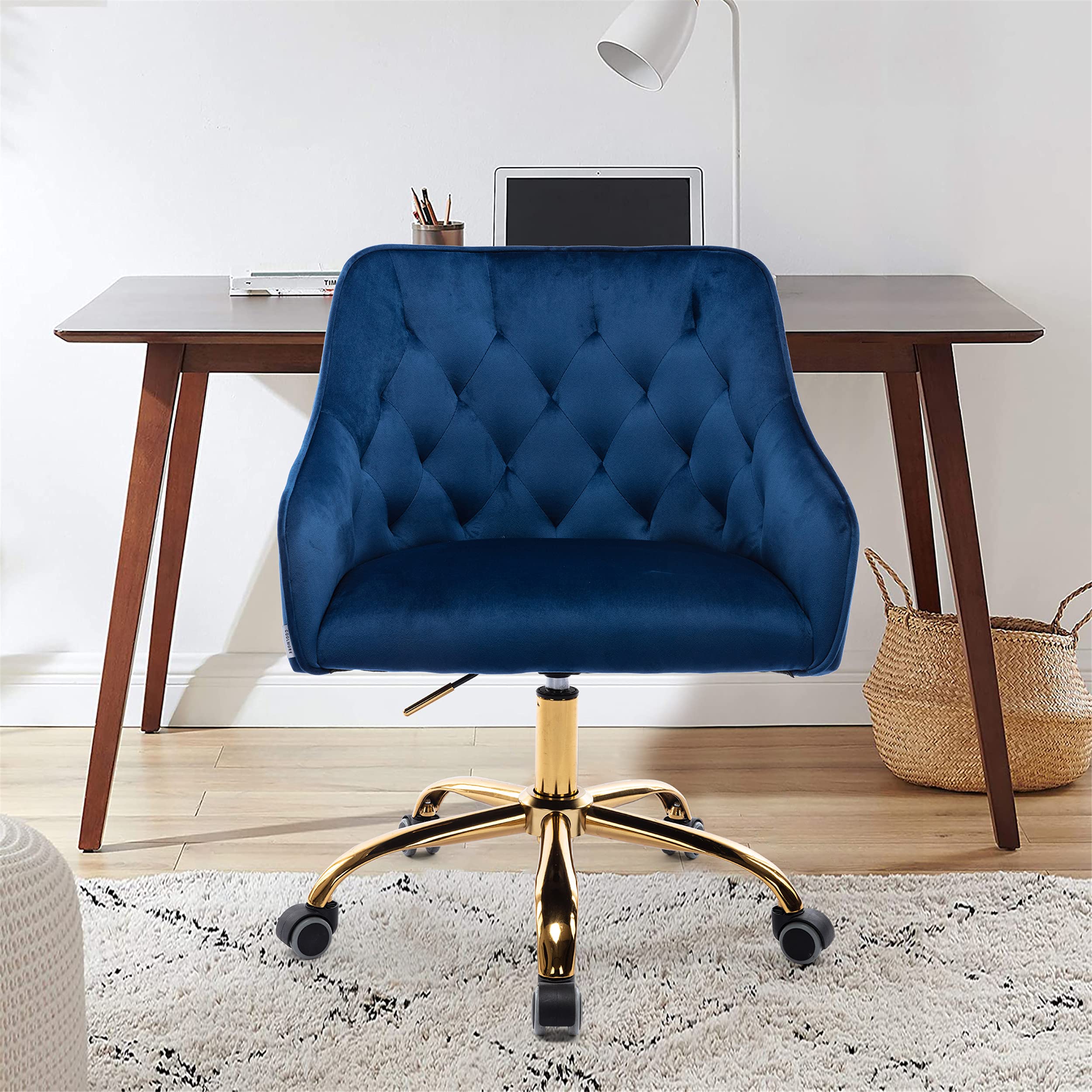 SSLine Velvet Office Chair - Modern Ergonomic Desk Chair with Gold Metal Legs, Adjustable Swivel Armchair for Home Office, Living Room & Bedroom - Soft Velvet Task Chair for Work & Relaxation (Navy Blue)