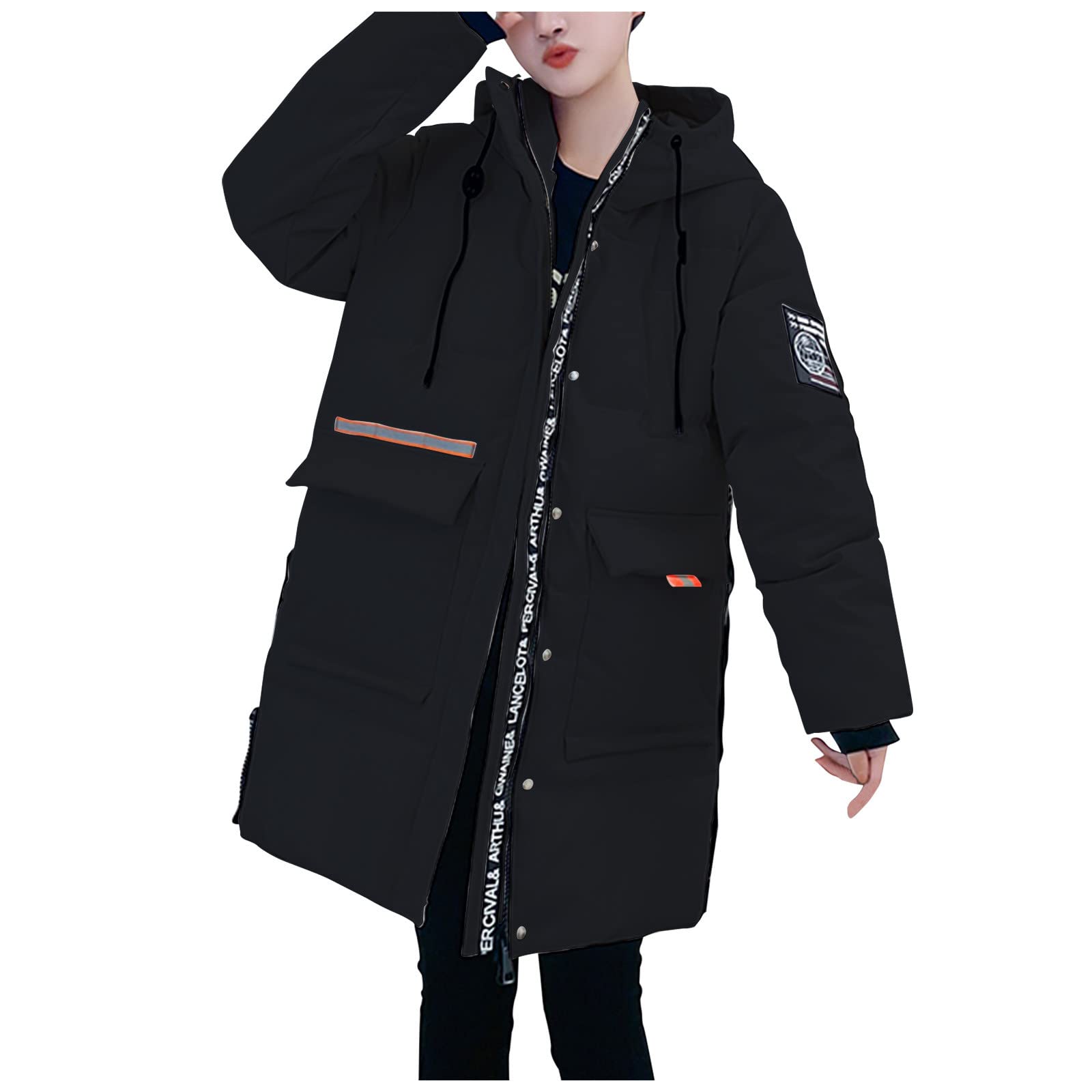 **Women's Mid-Length Loose Hooded Down Coat with Drawstring & Fashion Pockets - Long Sleeve Letter Armband Jacket for Spring - Black | Casual Outwear for Daily Wear, Travel & Outdoor Activities**