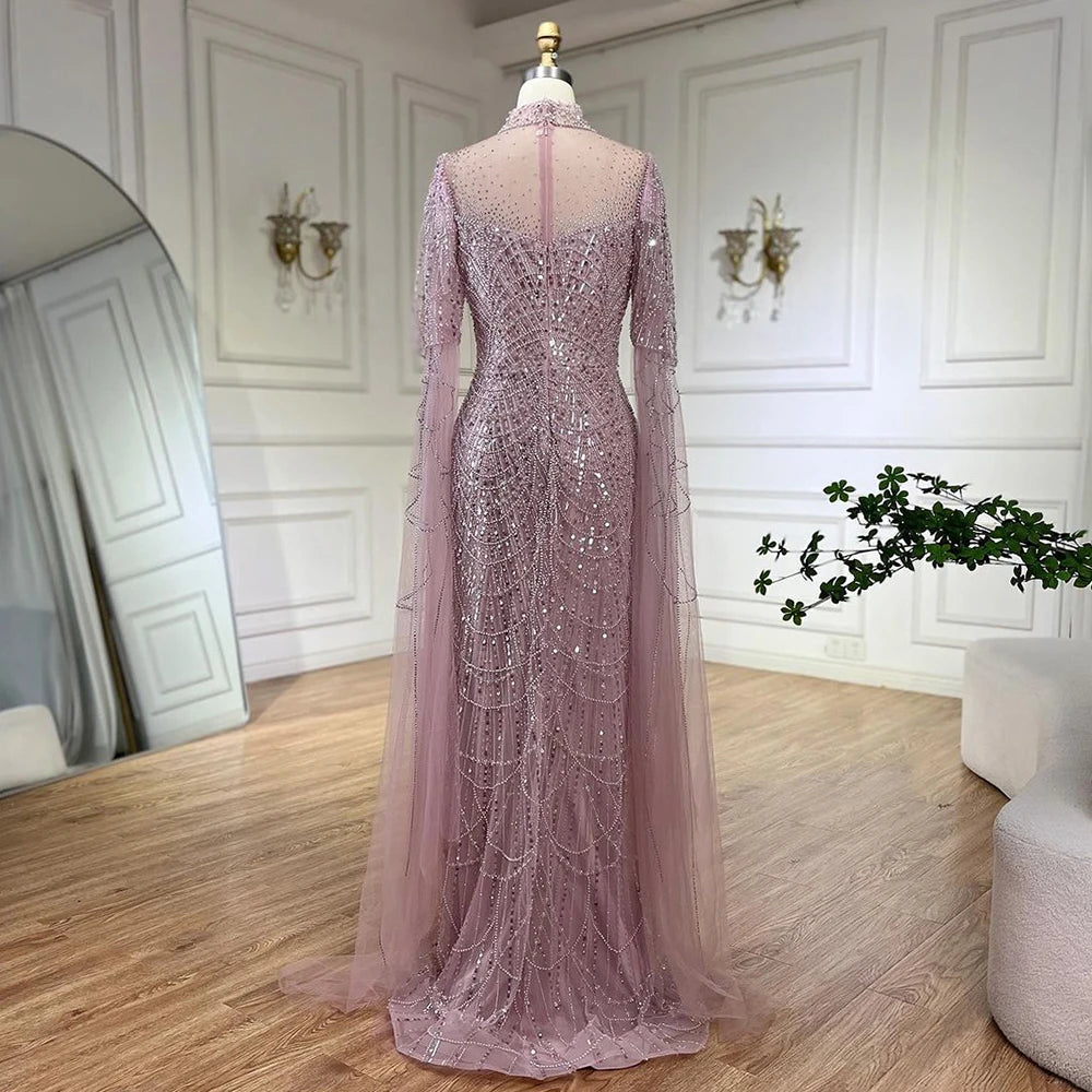 Luxury Dubai Pink Cape Sleeves Mermaid Beaded Arabic Evening Dress for Women - Elegant Long Gown for Wedding, Party & Special Occasions - Serene Hill LA71992A