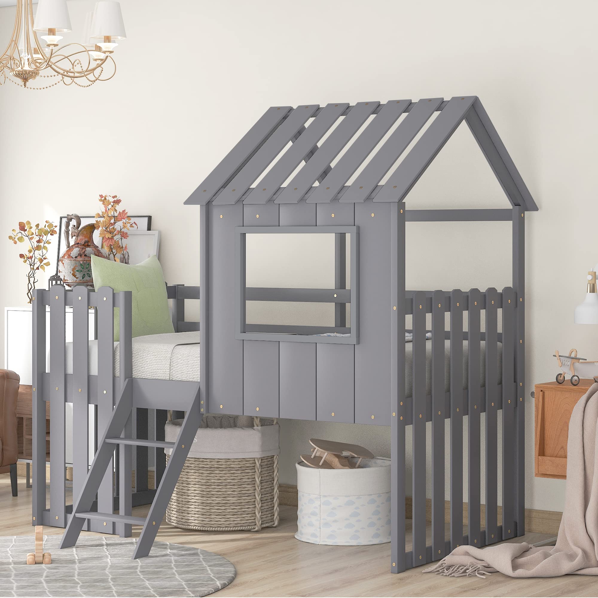 Twin Size Wood Loft Bed Frame with Rustic Fence Guardrail & Roof - Low Profile House Design with Ladder, No Box Spring Needed (Gray) - Perfect for Kids Rooms, Small Spaces & Cozy Bedroom Decor