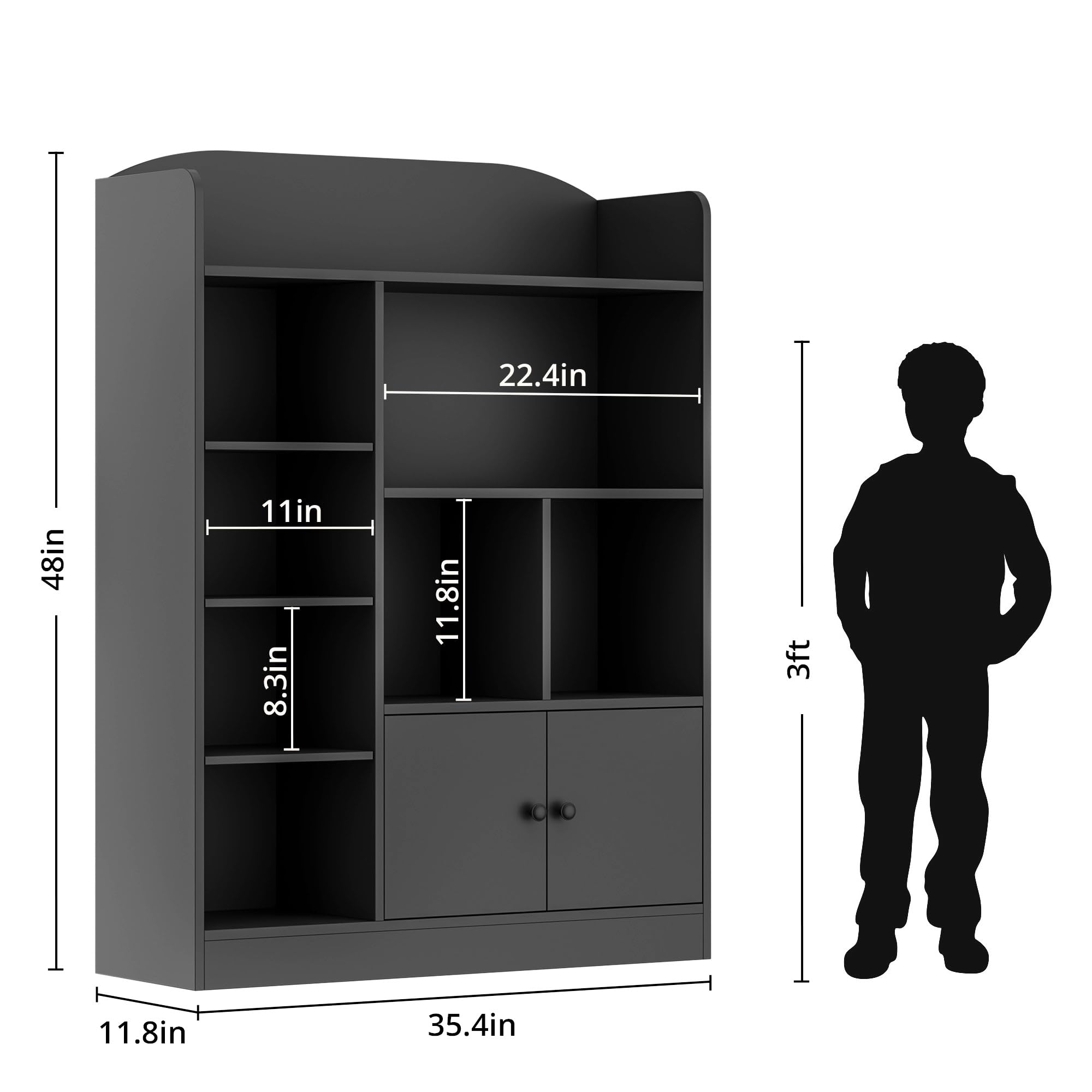 Black Kids Bookshelf - 7 Cubbies & 2 Cabinets Book Storage Organizer for Children's Bedroom, Playroom, Nursery | Durable Freestanding Bookcase for Kids Books, Toys & Decor | Perfect for Reading Nooks, Daycare & Homeschool Classrooms