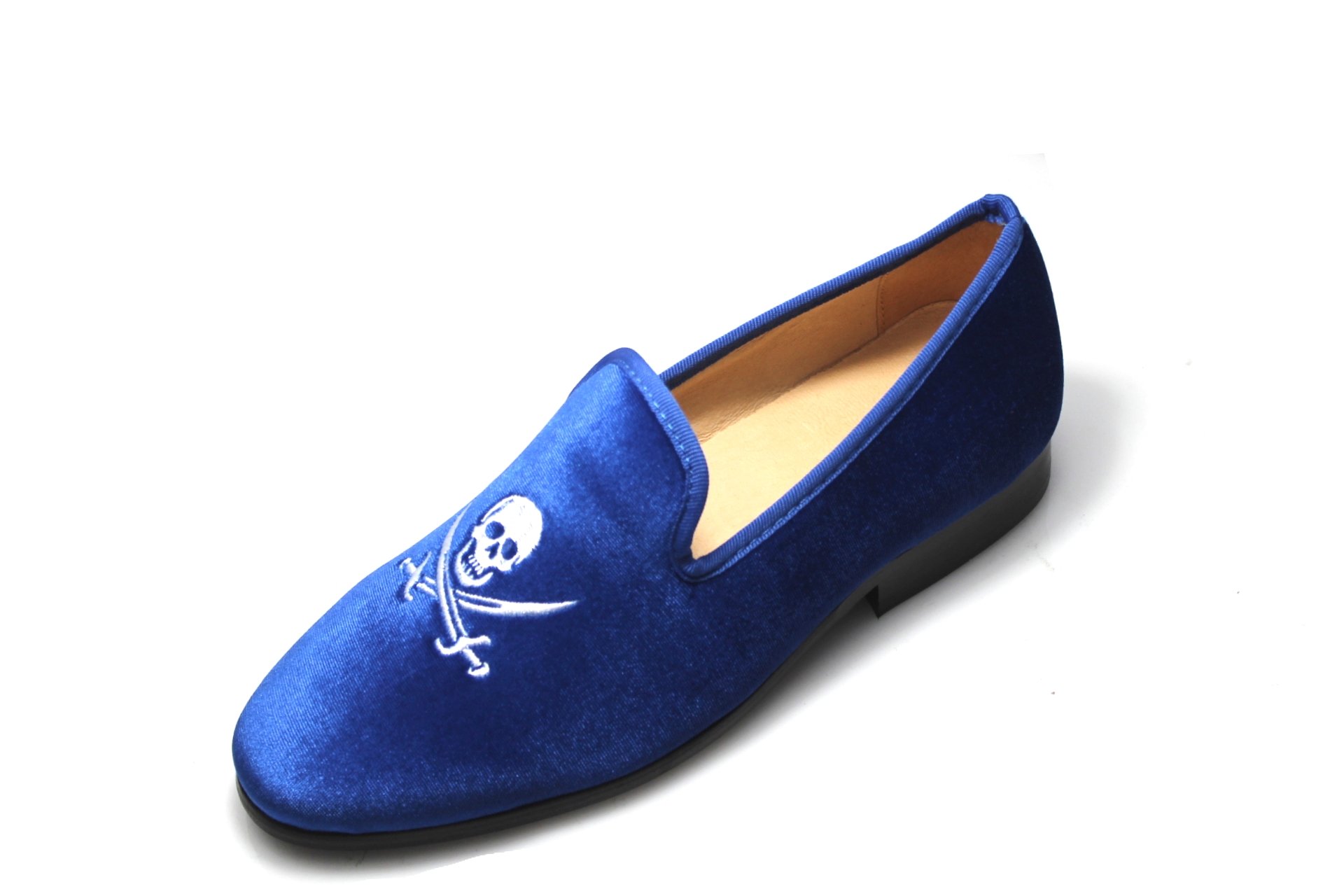 SMYTHE & DIGBY Men's Albert Slippers - Blue Velvet Loafers with Skull & Swords Design | Comfortable House Shoes for Men | Perfect for Home, Lounge & Indoor Wear