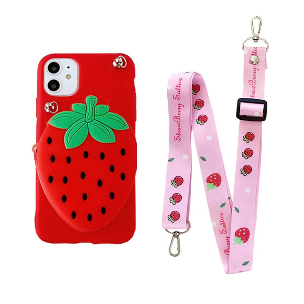 Samsung Galaxy A51 4G Crossbody Wallet Phone Case - Cute 3D Fruit Design with Card Pouch & Kickstand | Soft Silicone Shockproof Cover with Detachable Lanyard (Strawberry) | Perfect for Travel, Shopping & Hands-Free Convenience