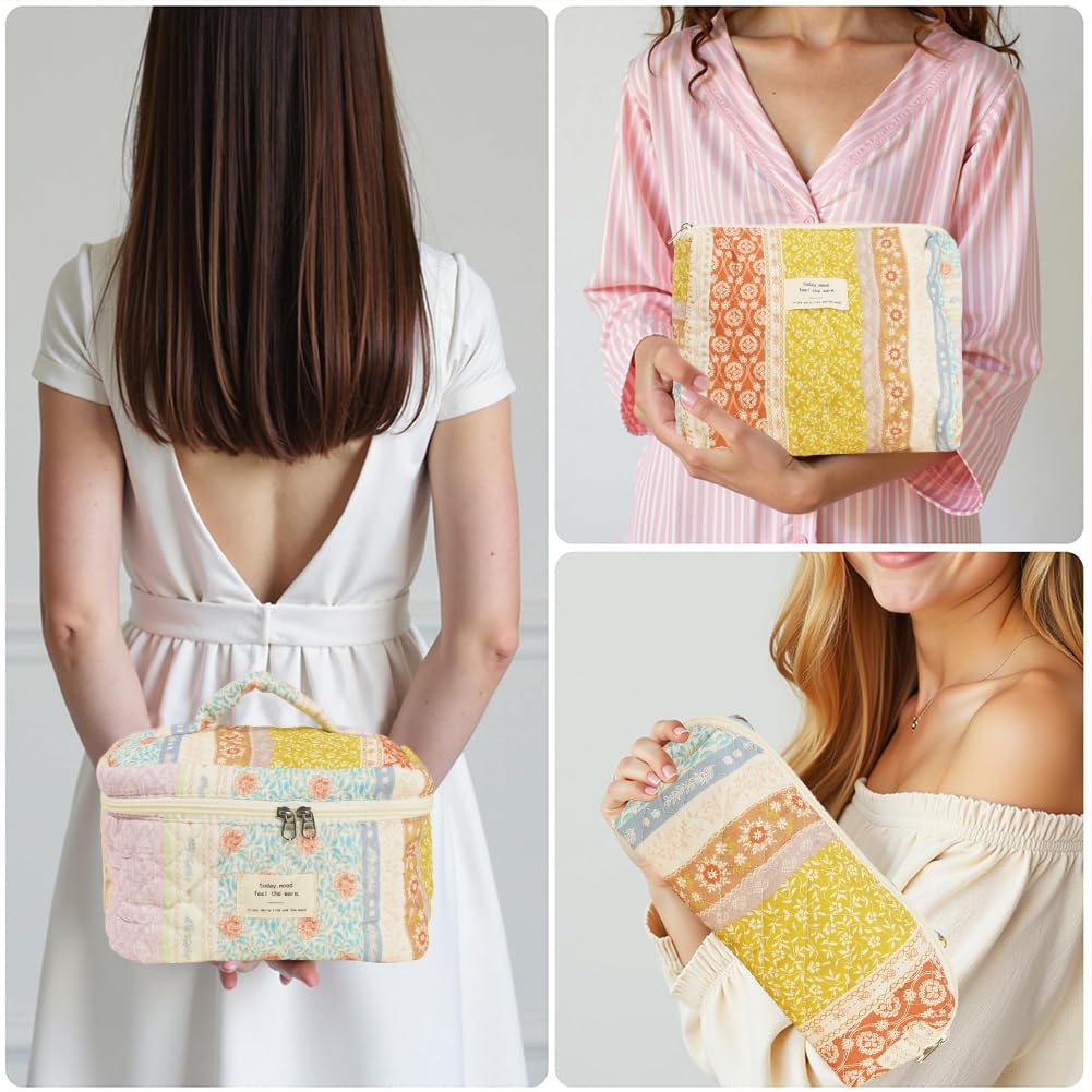 Quilted Makeup Bag Set - 3 Pcs Floral Cotton Cosmetic Organizer for Travel, Cute Aesthetic Toiletry Pouch | Perfect for Vacation, Gym, Beach & Daily Essentials Storage (Patchwork Design)