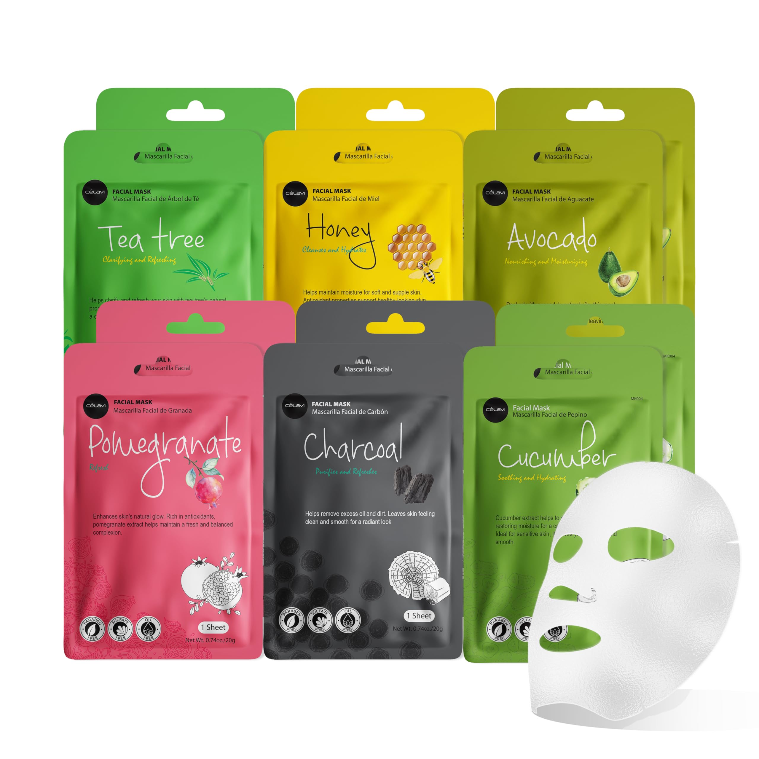 Celavi Essence Facial Face Mask Sheet - Korean Skin Care for Moisturizing & Hydration (12 Pack, Mix - 2 of Each) | Perfect for Daily Skincare Routine & Spa Night