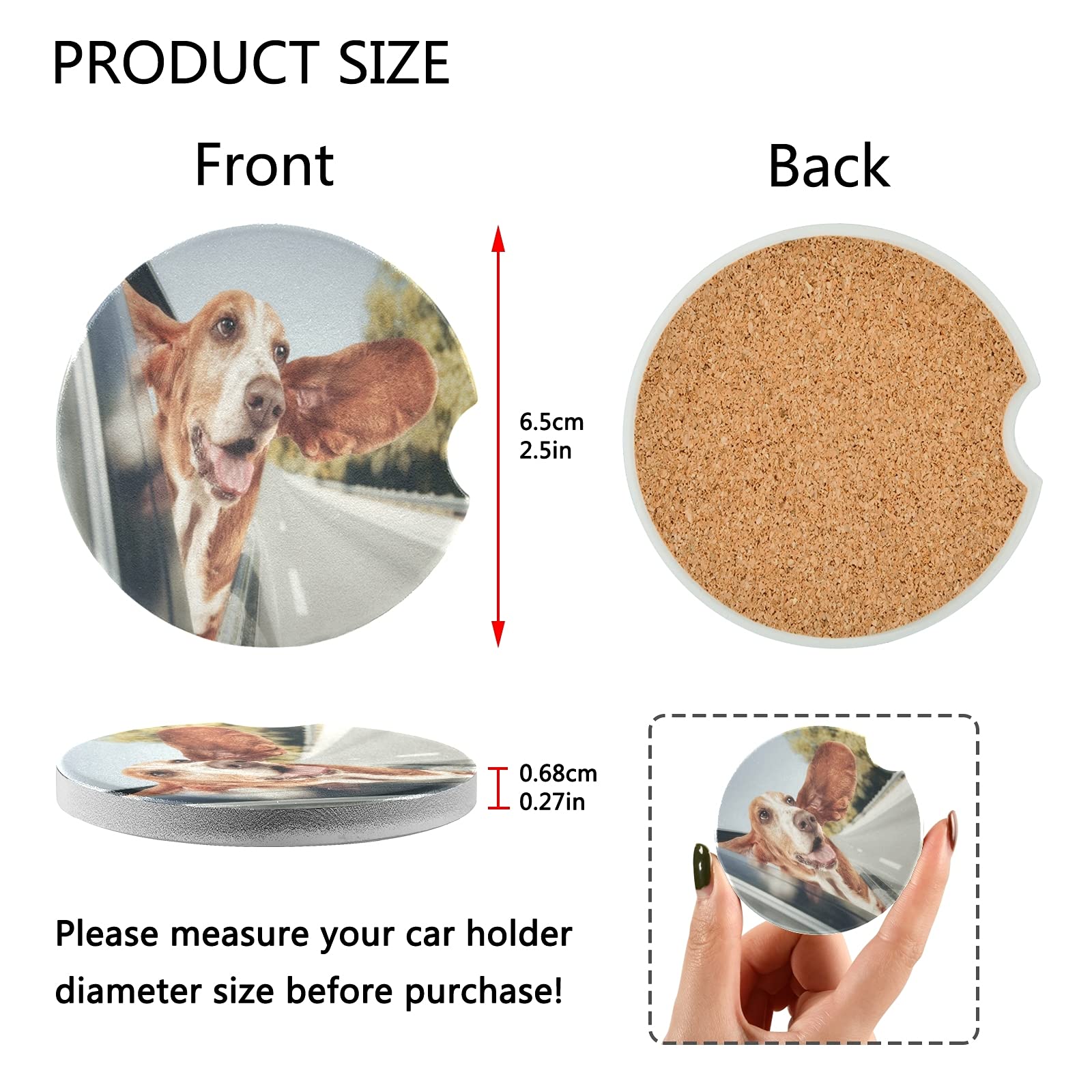 2 Pack Absorbent Ceramic Basset Hound Car Coasters with Fingertip Grip, 2.5 Inch Cup Holder Coasters for Drinks, Perfect for Cars, Trucks, and SUVs