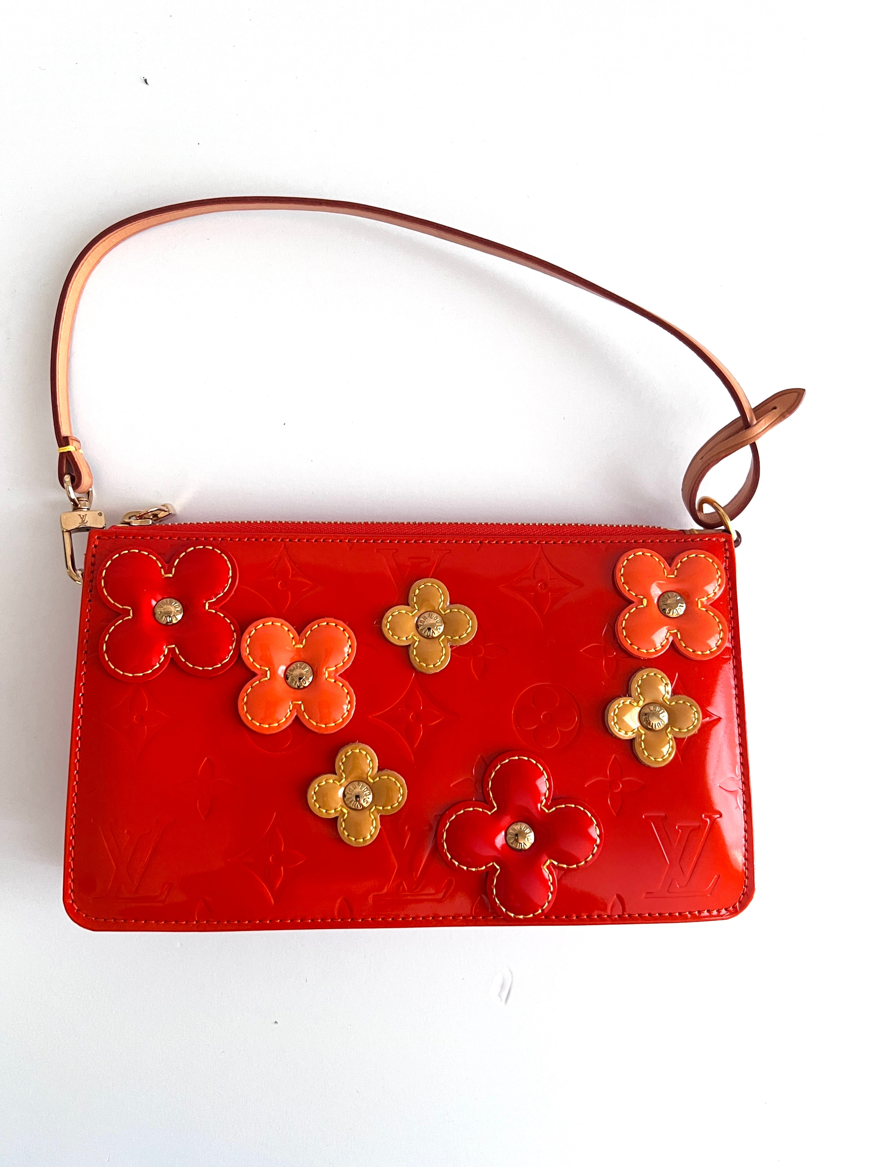 Authentic Louis Vuitton Orange Sunset Monogram Vernis Lexington Fleurs Pochette Bag - Luxury Evening Clutch for Women, Perfect for Parties & Special Occasions