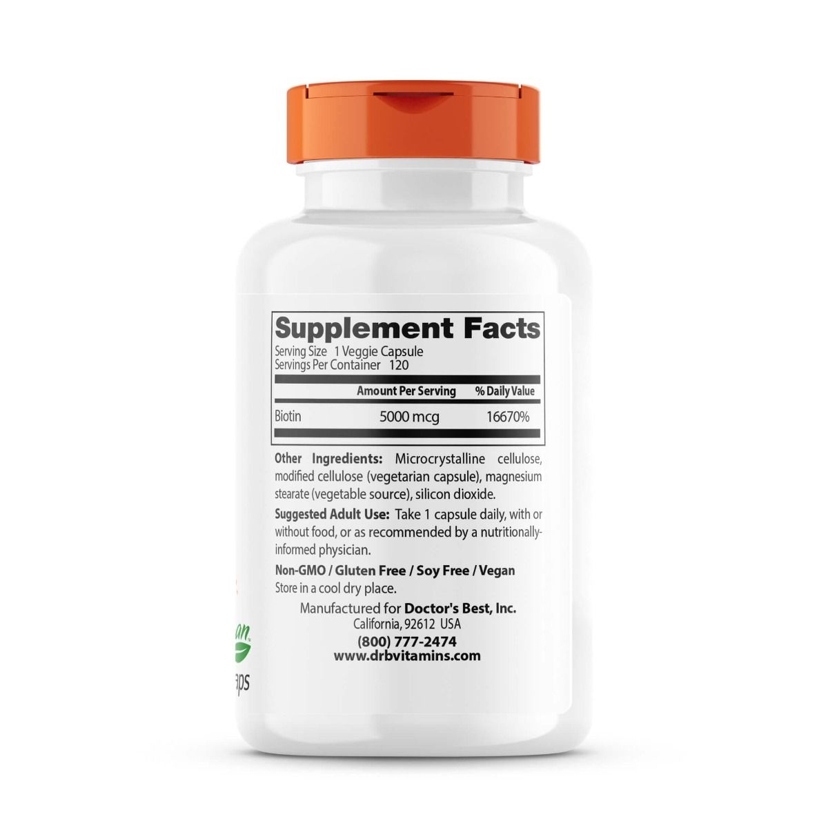 Doctor's Best Biotin 5000mcg Supplement - 120 Vegan Capsules for Hair, Skin & Nails Support - Promotes Healthy Growth for Men & Women