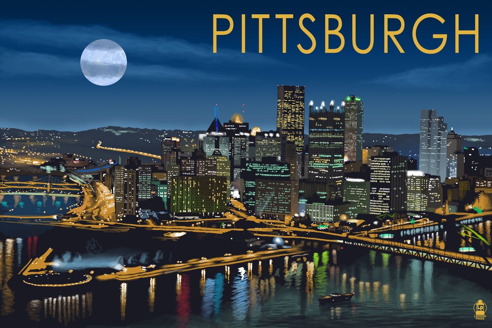 Pittsburgh Pennsylvania Skyline Night Metal Art - 16x24 Gallery Quality Aluminum Wall Decor for Living Room, Office & Home