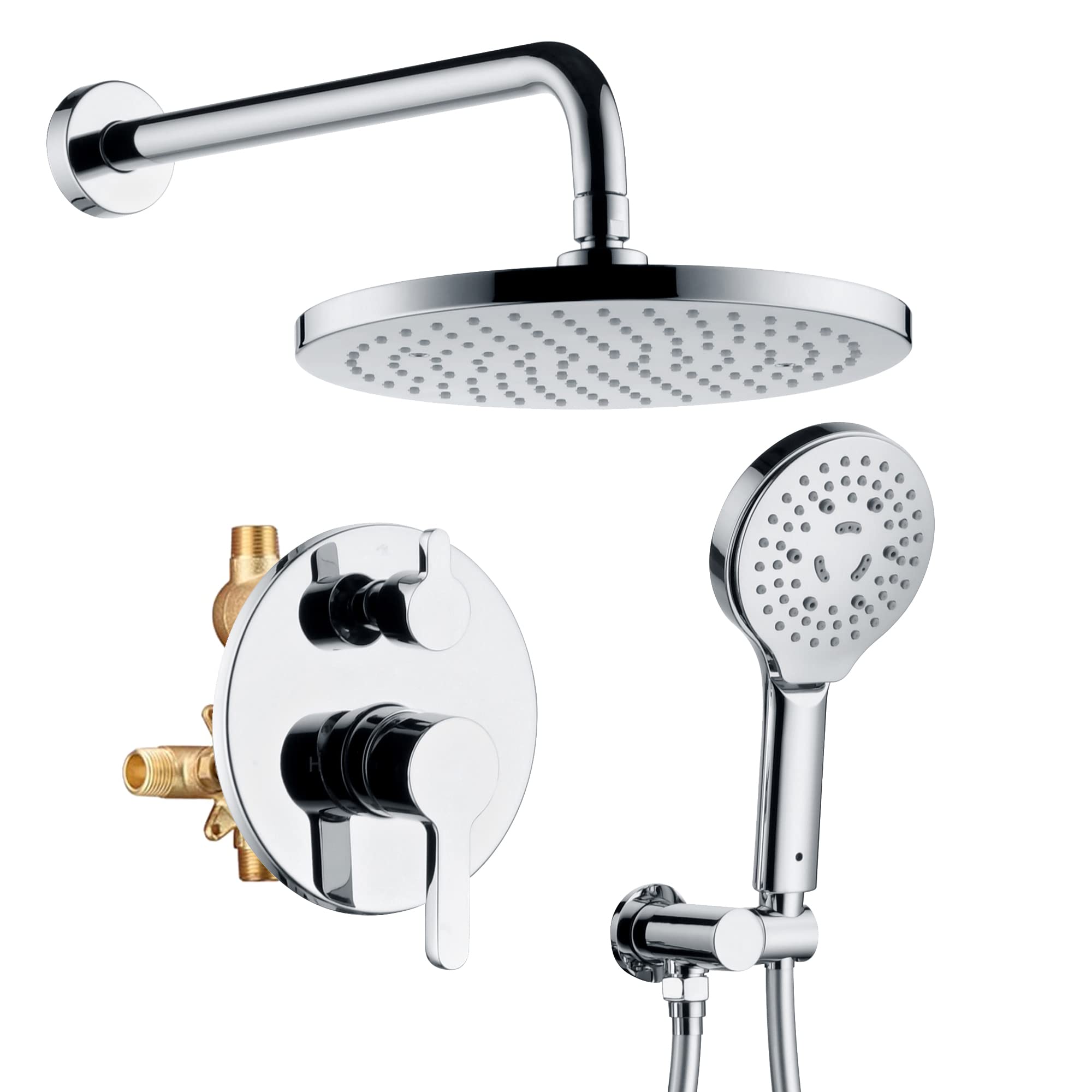Premium Polished Chrome Shower Faucet Set - 10 Inch Wall Mount Rain Shower System with Handheld Shower Head Combo - Includes Rough-in Valve & Trim Kit - Perfect for Modern Bathroom Renovations & Spa-Like Shower Experience