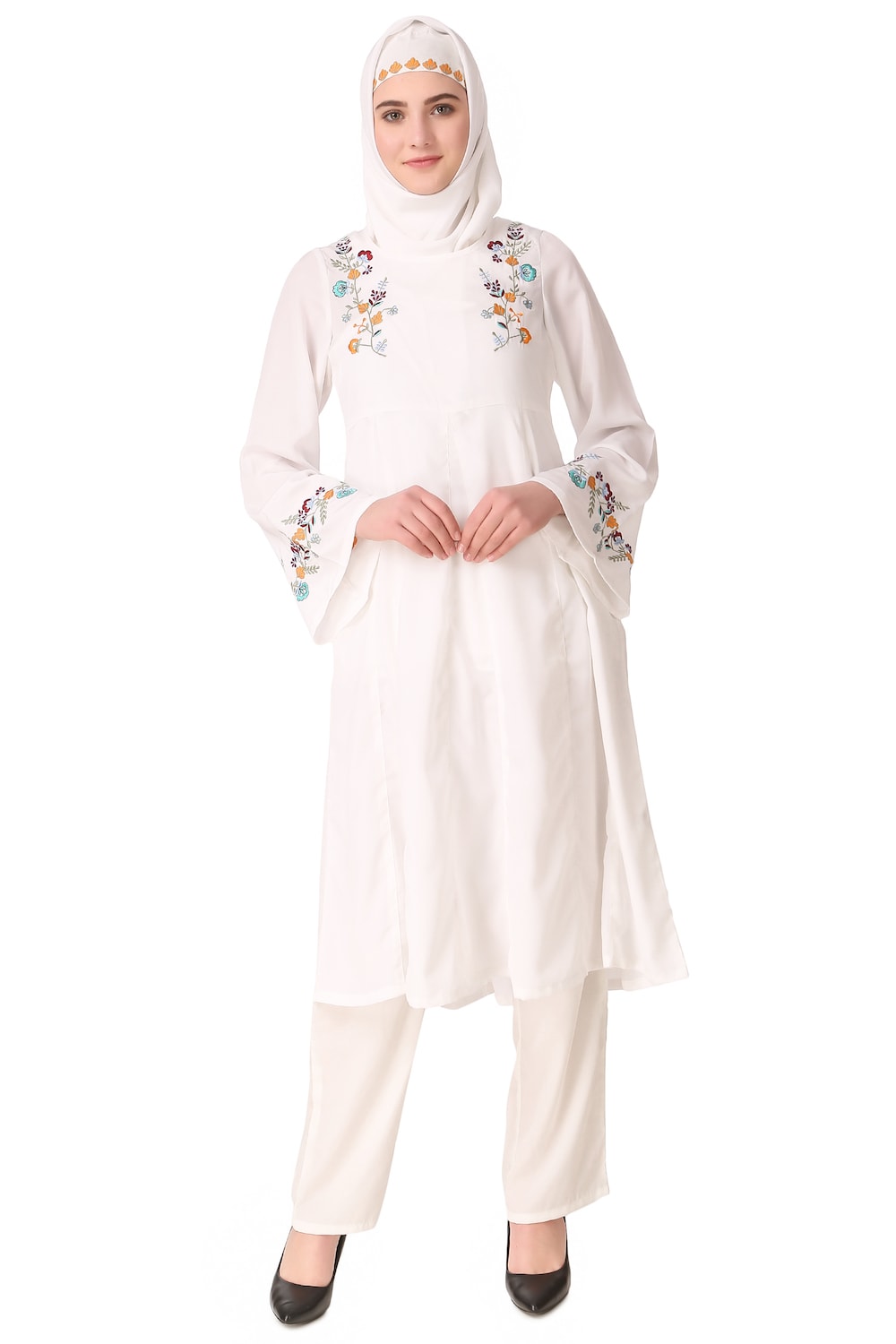 Colorful Embroidered Bell Sleeve White Salwar Kameez - Elegant Pakistani Traditional Dress for Women, Perfect for Weddings, Parties & Festive Occasions